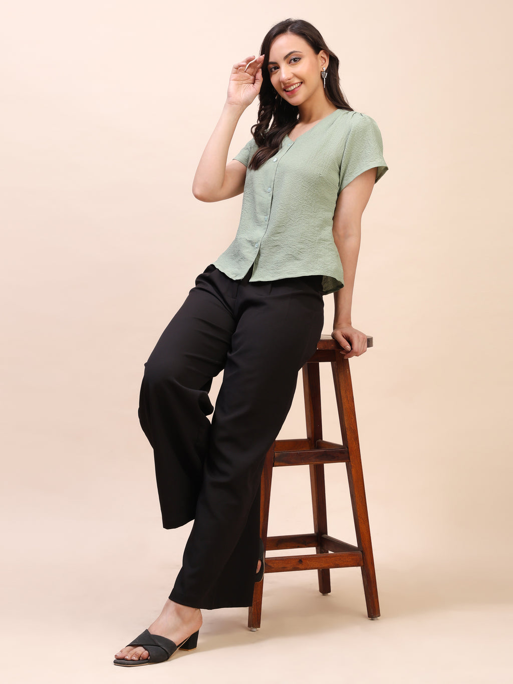 V-Neck Button-Down Puff Sleeve Top