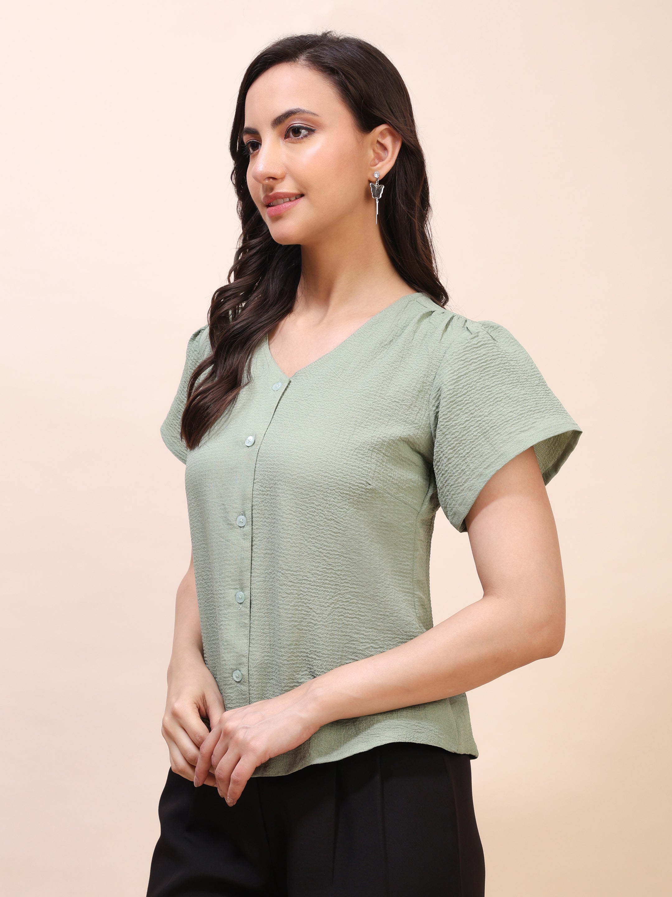 V-Neck Button-Down Puff Sleeve Top