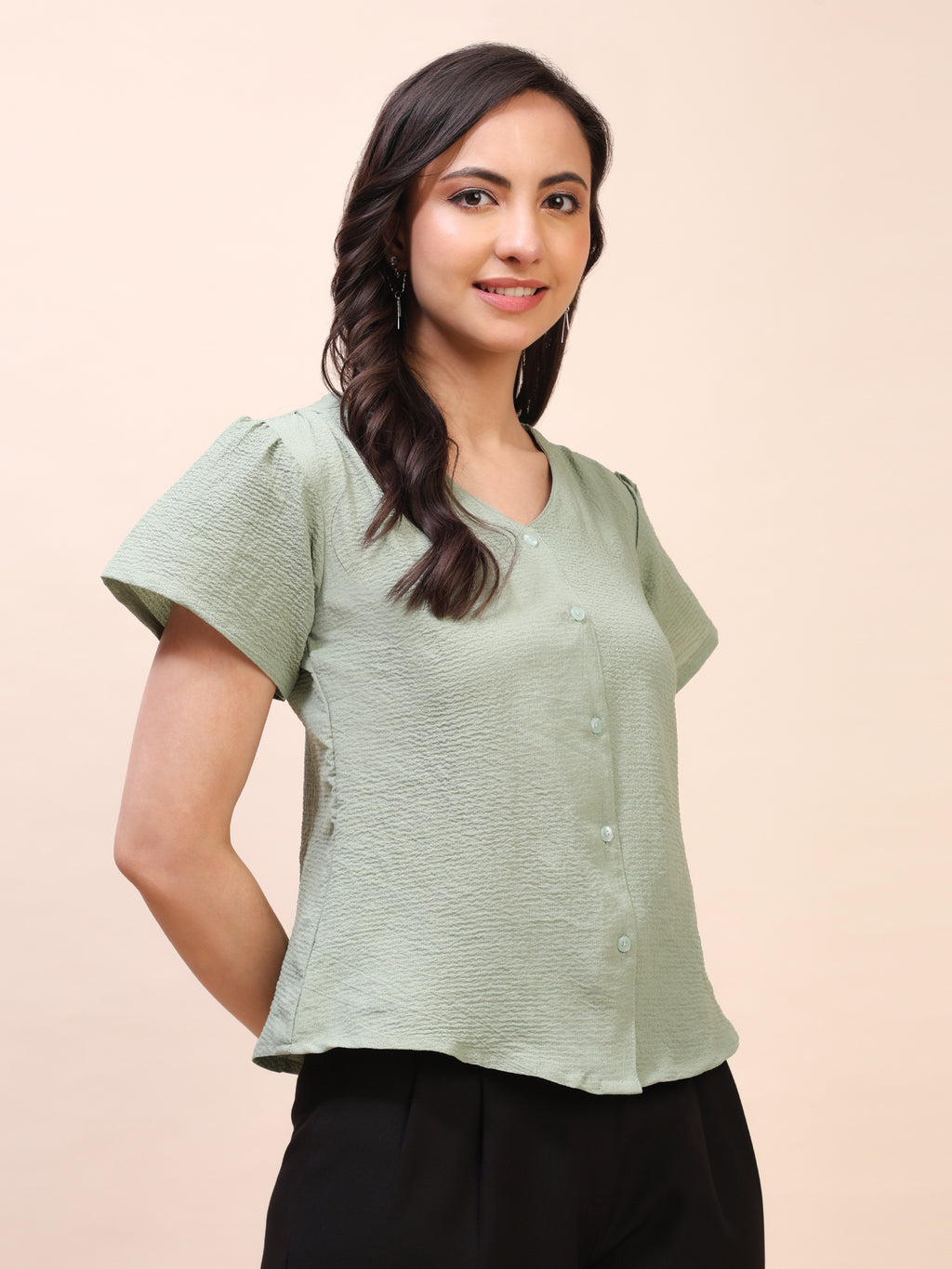V-Neck Button-Down Puff Sleeve Top