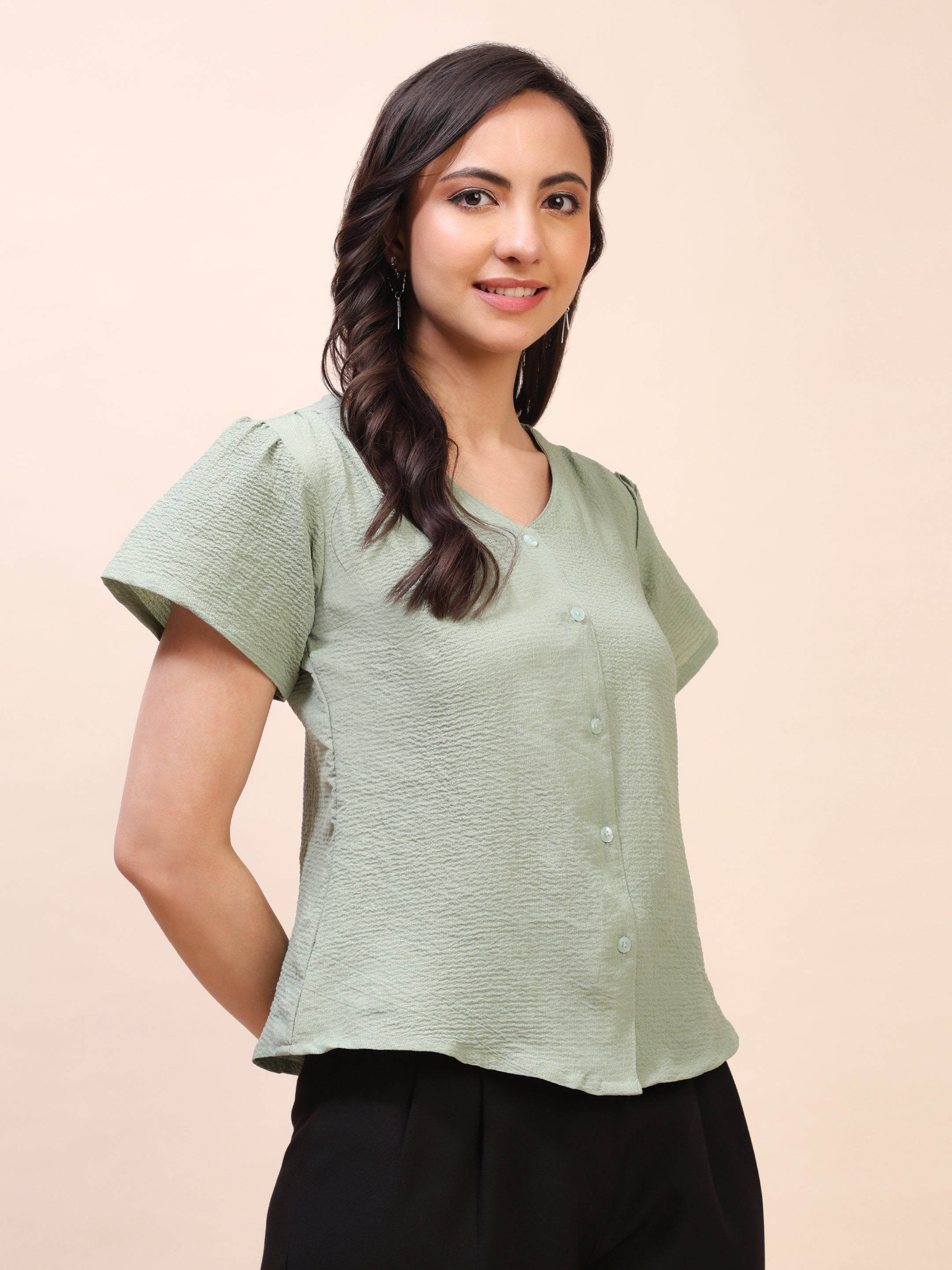 V-Neck Button-Down Puff Sleeve Top