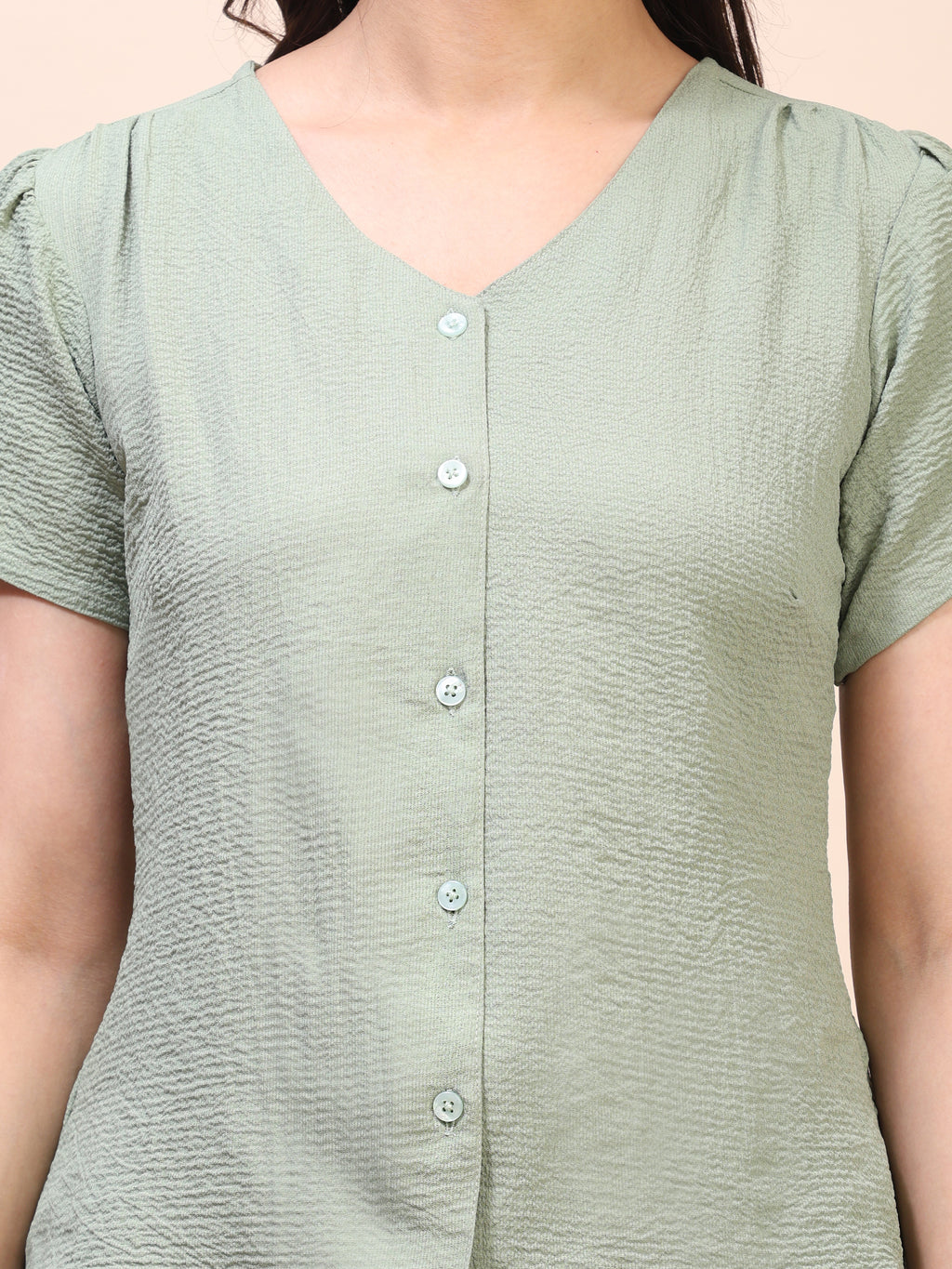 V-Neck Button-Down Puff Sleeve Top