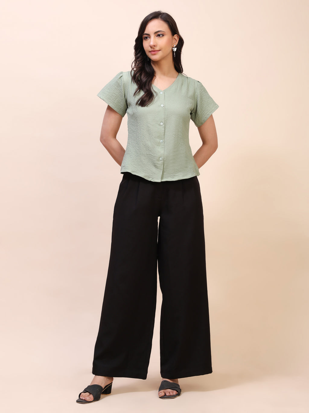 V-Neck Button-Down Puff Sleeve Top
