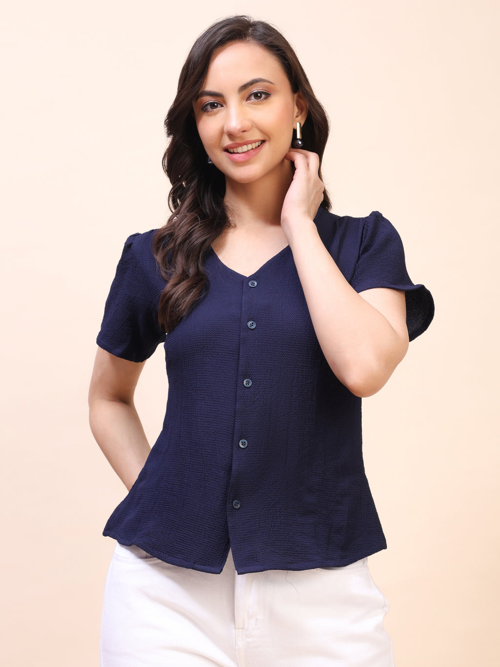 V-Neck Button-Down Puff Sleeve Top