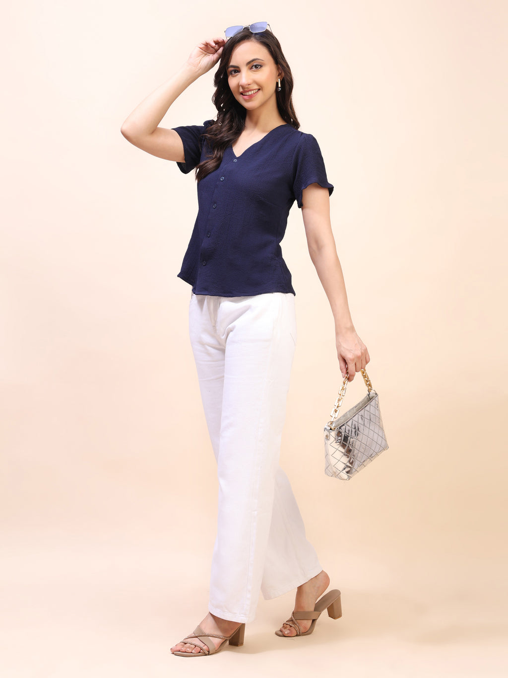 V-Neck Button-Down Puff Sleeve Top