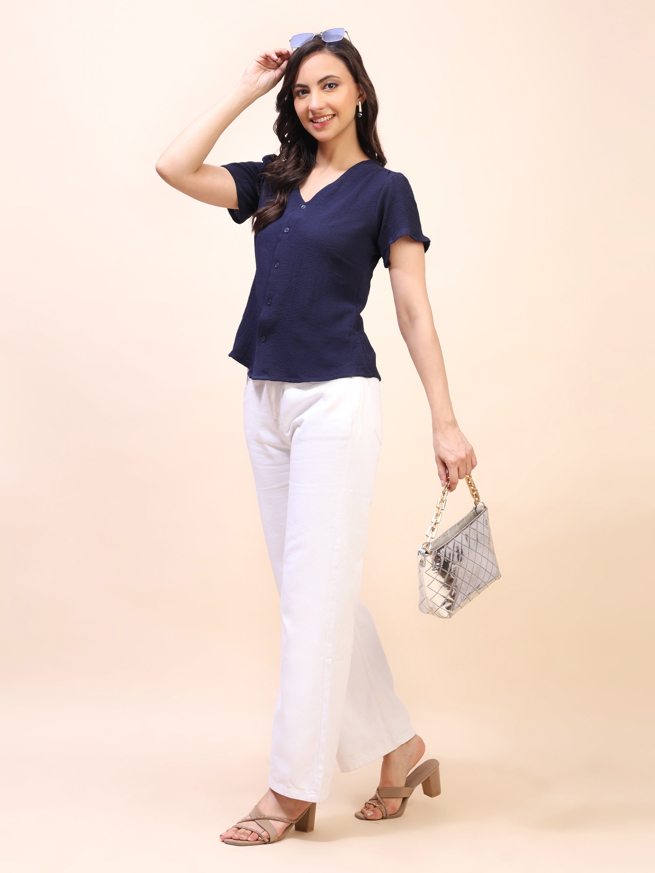 V-Neck Button-Down Puff Sleeve Top