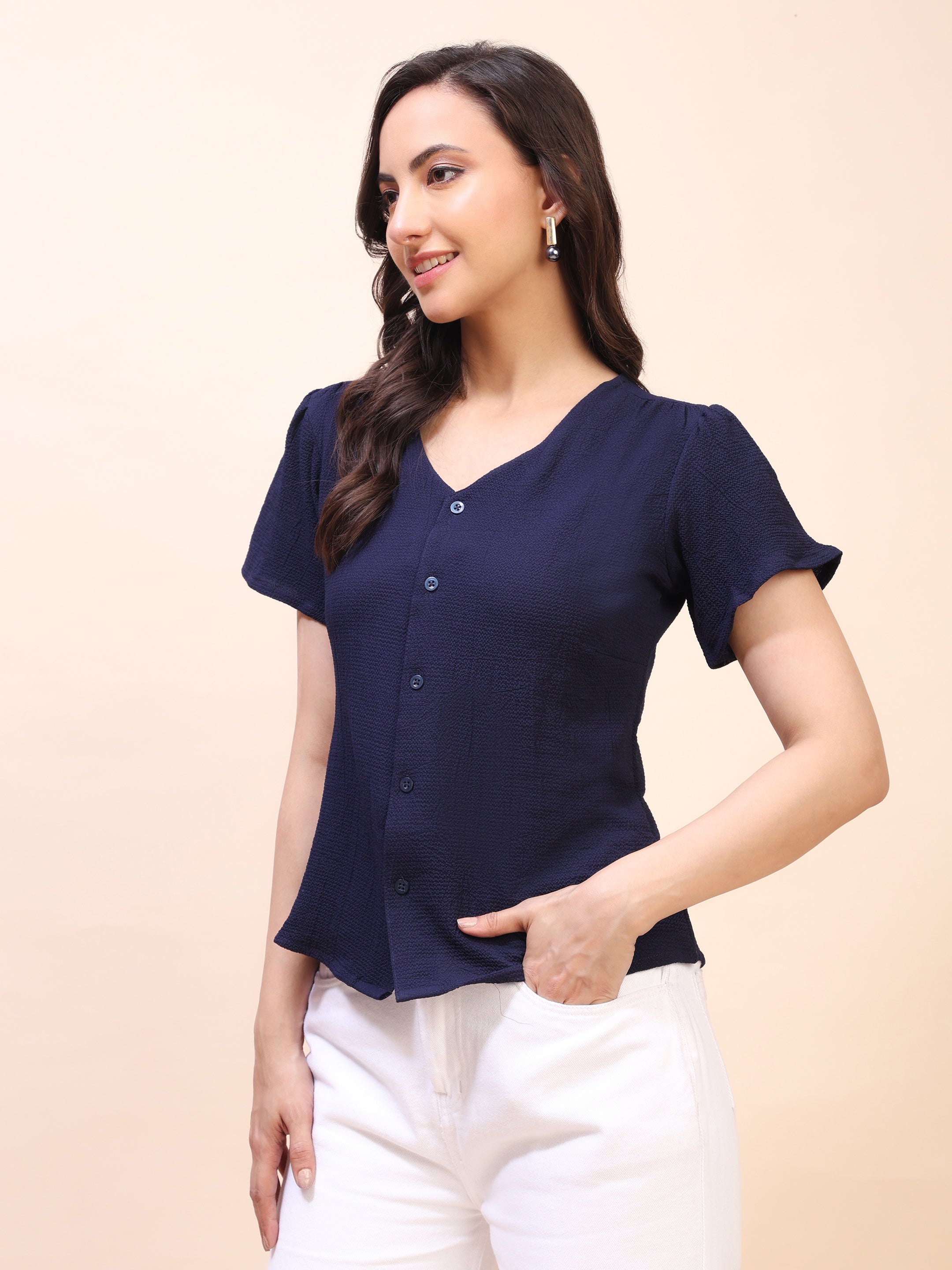 V-Neck Button-Down Puff Sleeve Top