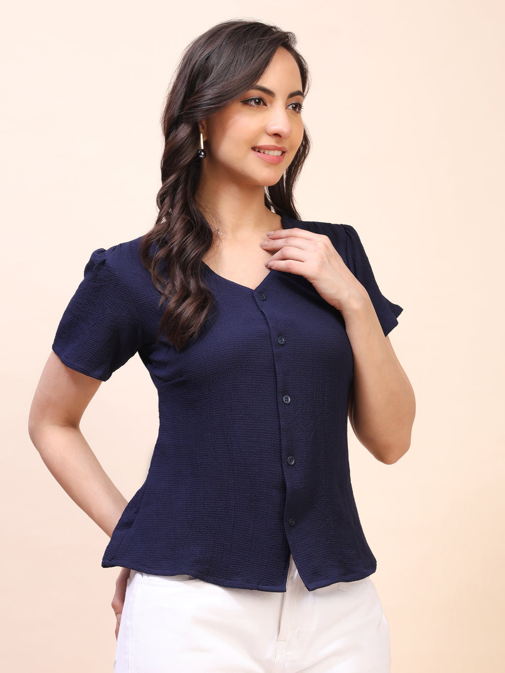 V-Neck Button-Down Puff Sleeve Top