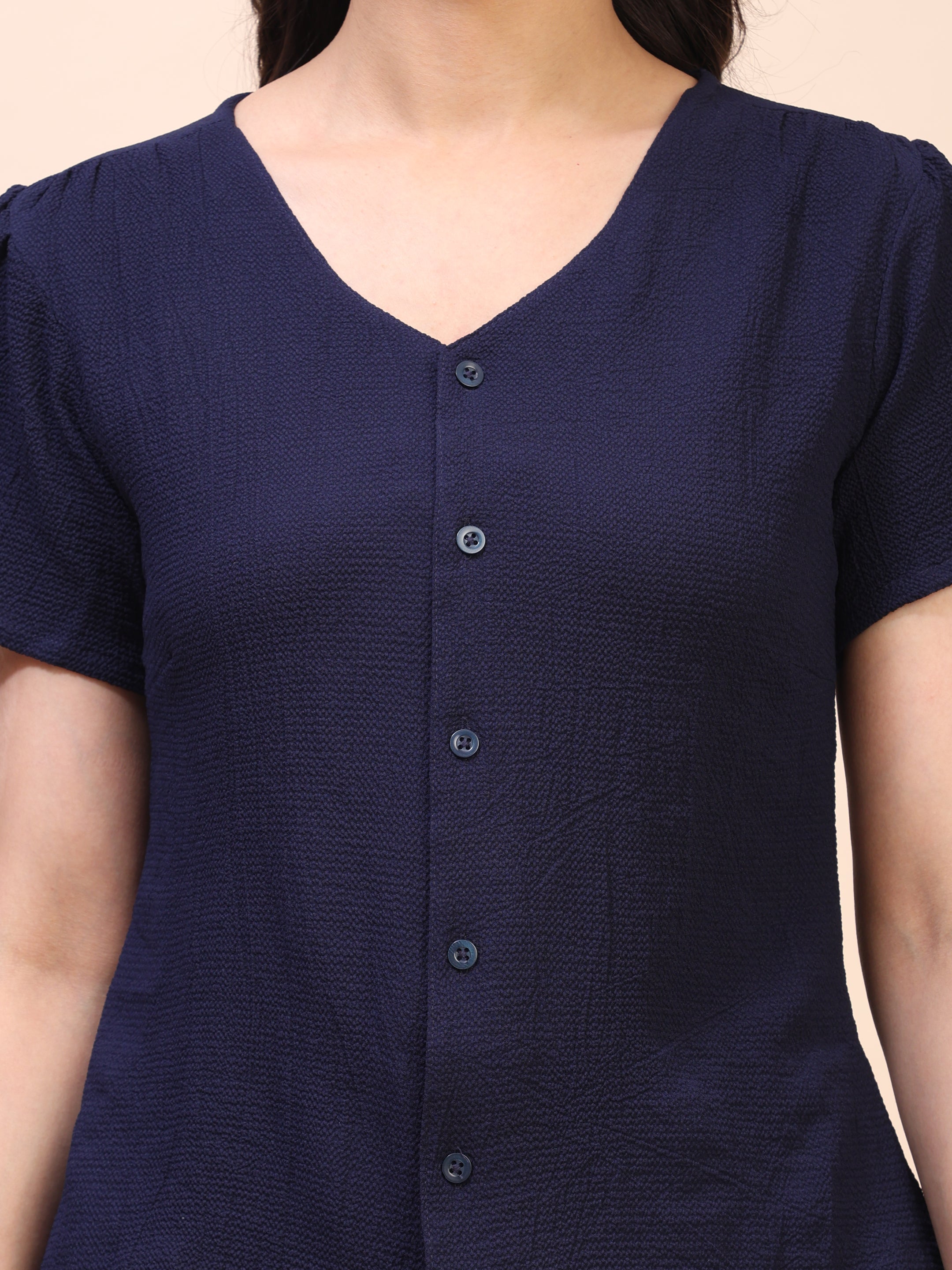 V-Neck Button-Down Puff Sleeve Top