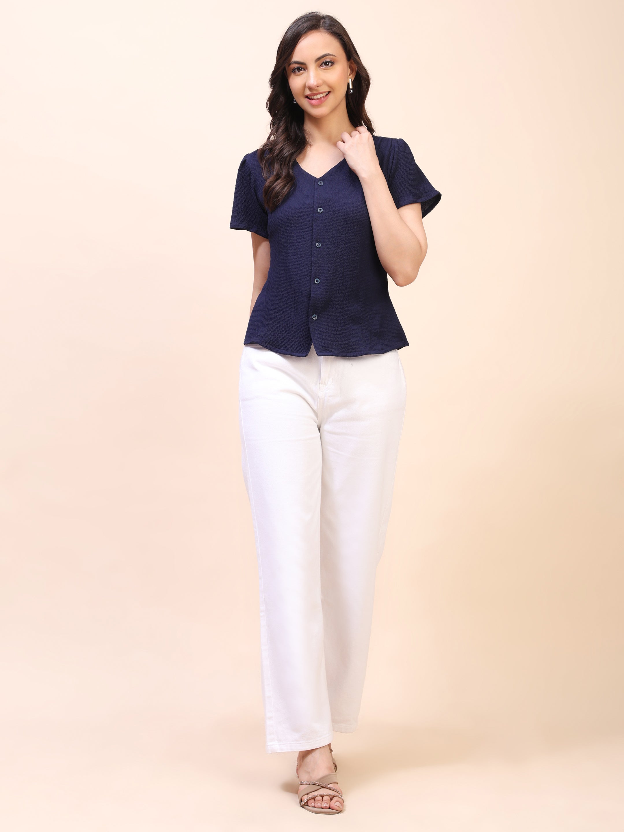 V-Neck Button-Down Puff Sleeve Top