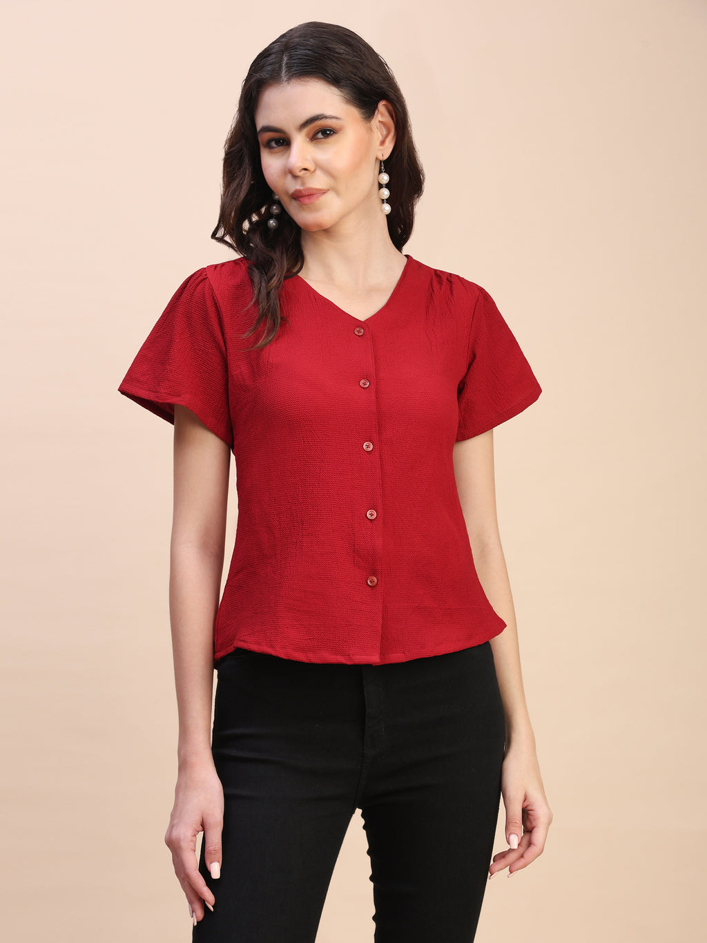 V-Neck Button-Down Puff Sleeve Top
