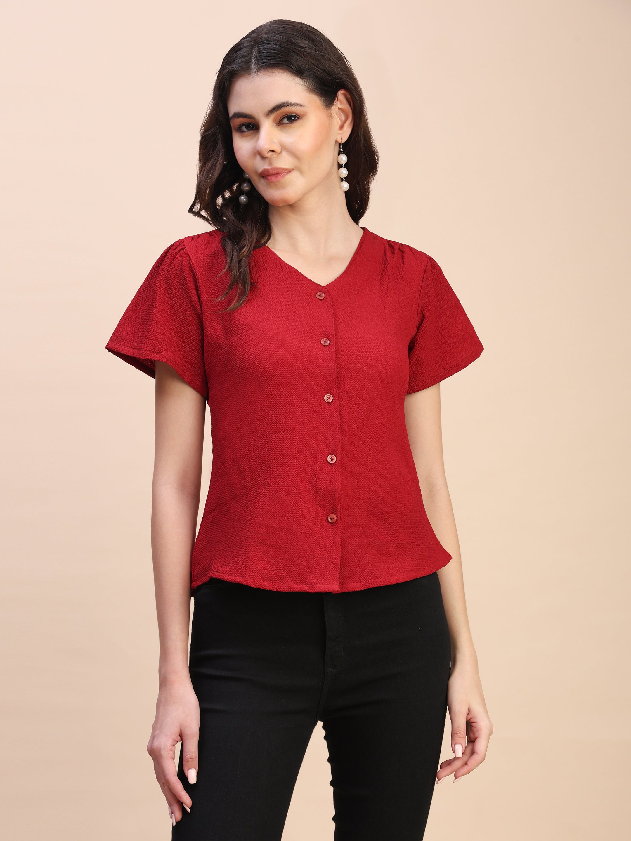 V-Neck Button-Down Puff Sleeve Top