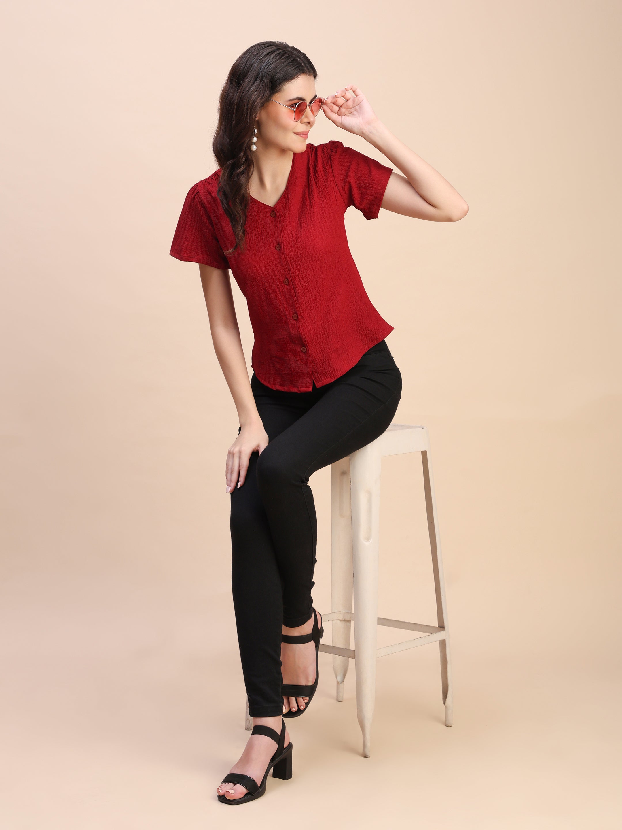 V-Neck Button-Down Puff Sleeve Top