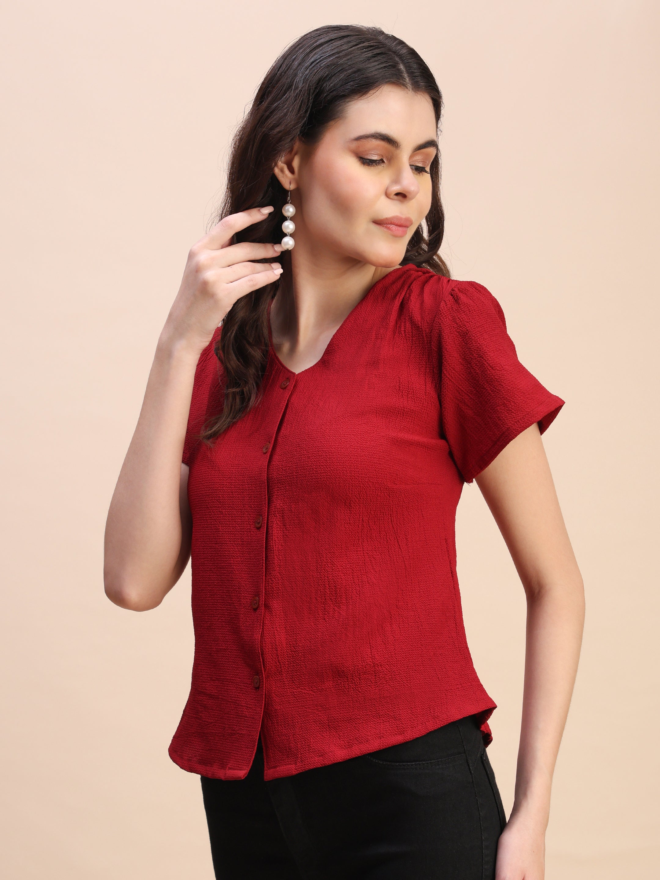 V-Neck Button-Down Puff Sleeve Top