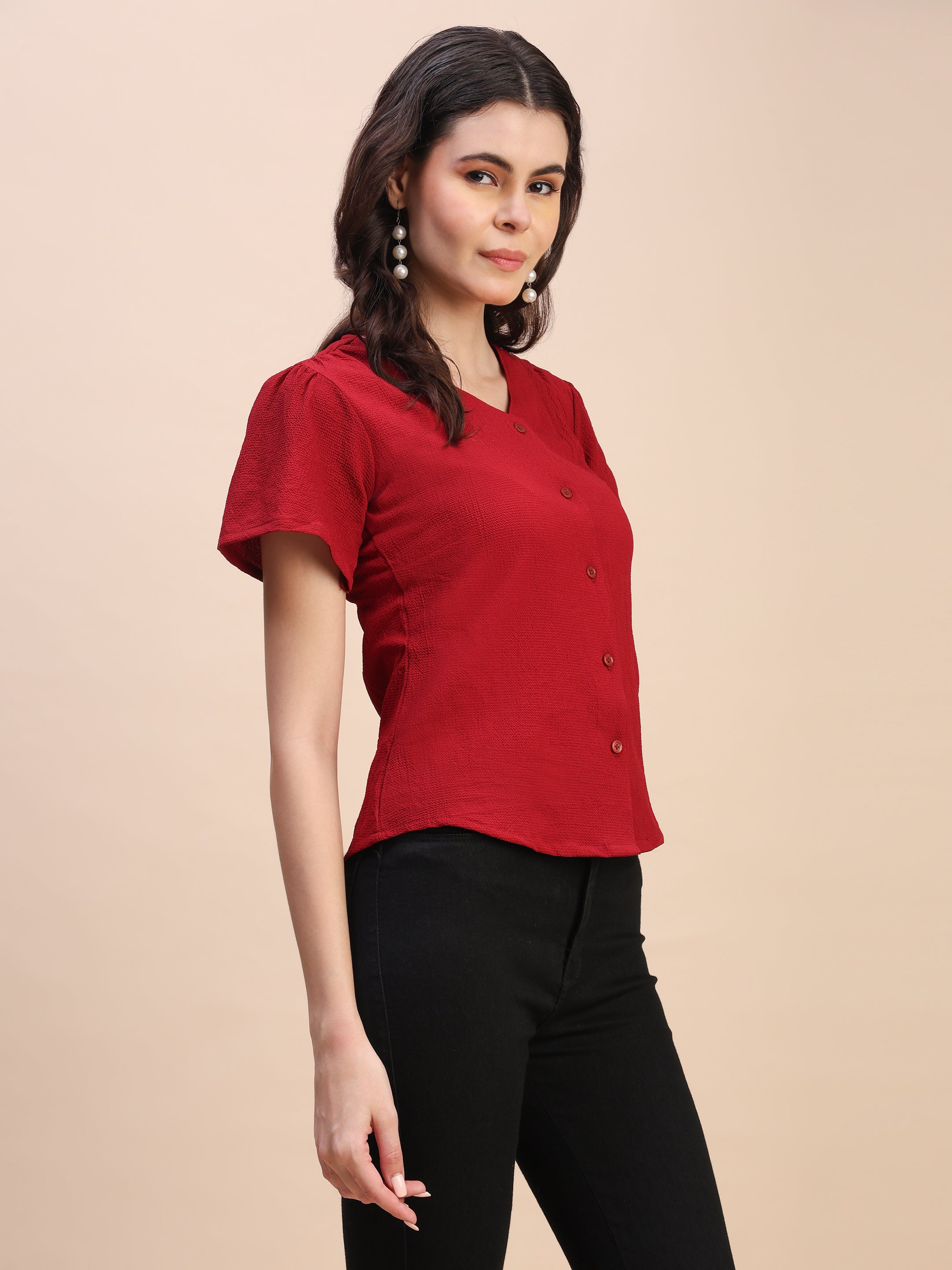 V-Neck Button-Down Puff Sleeve Top