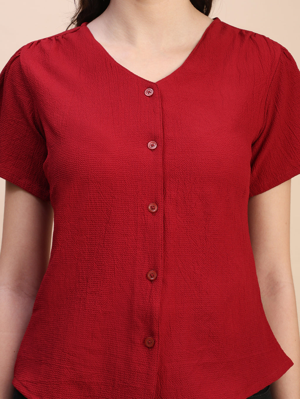 V-Neck Button-Down Puff Sleeve Top