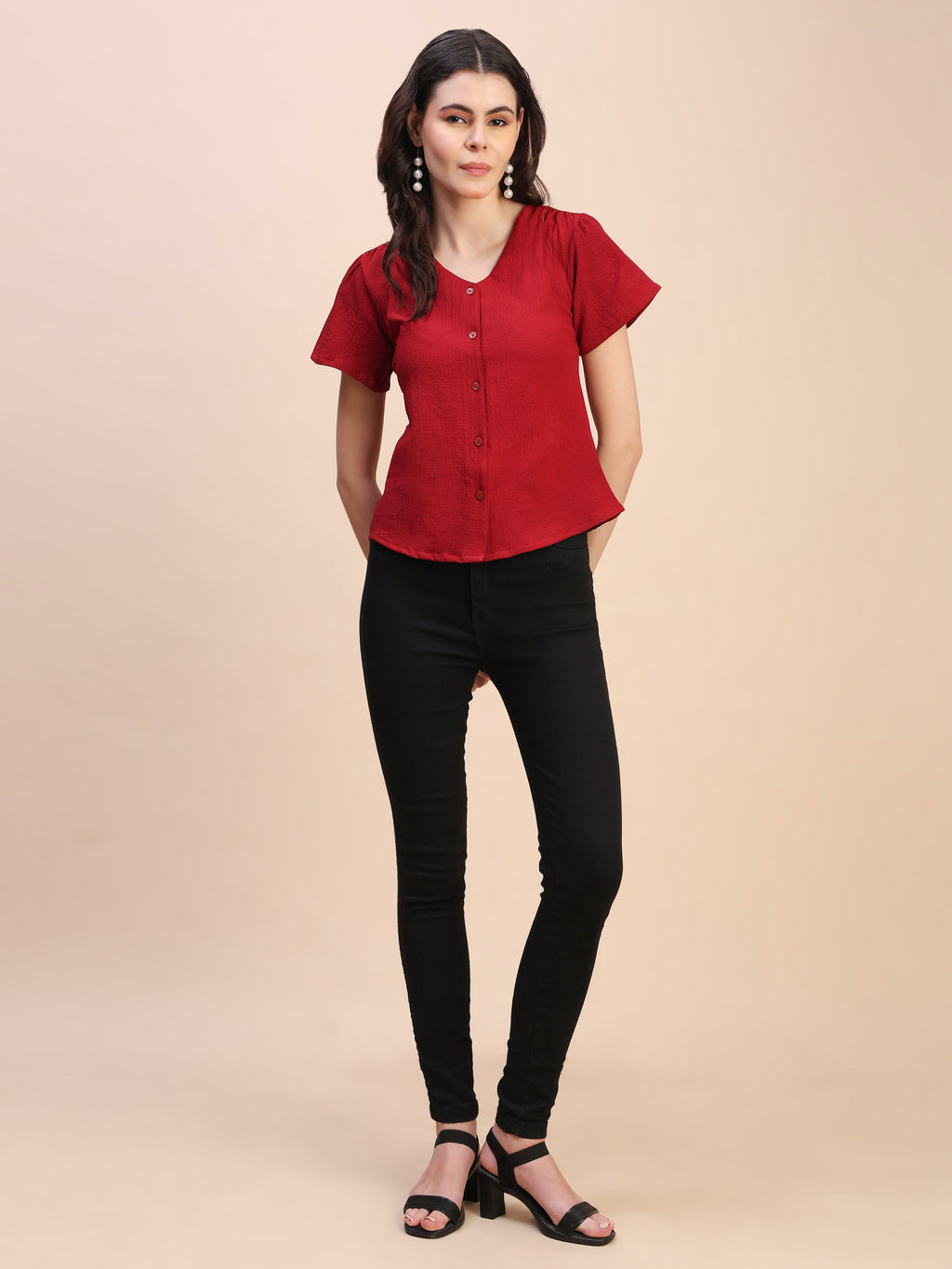 V-Neck Button-Down Puff Sleeve Top