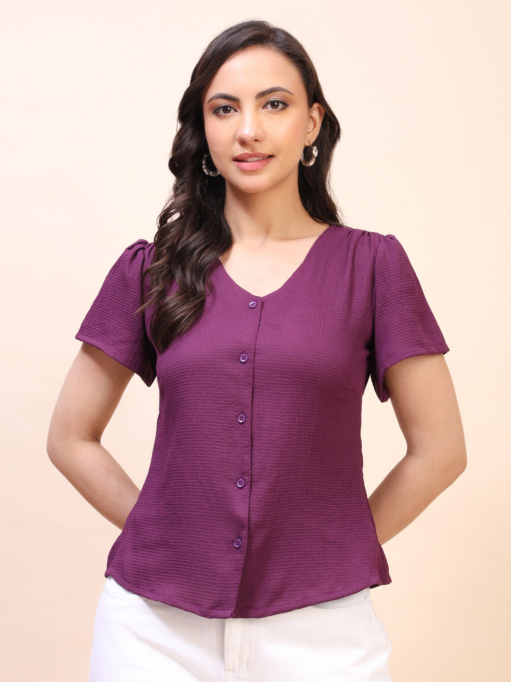 V-Neck Button-Down Puff Sleeve Top