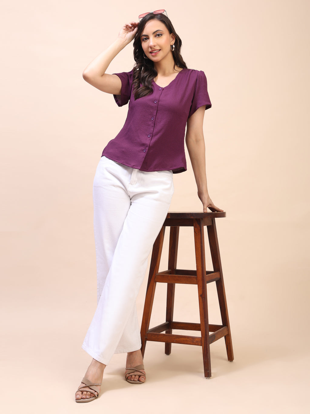 V-Neck Button-Down Puff Sleeve Top
