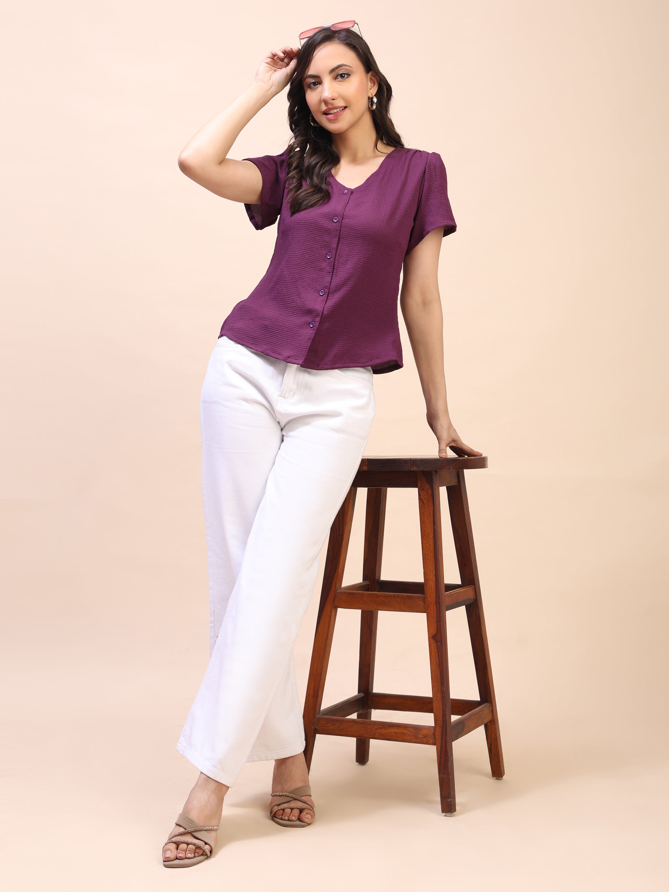 V-Neck Button-Down Puff Sleeve Top