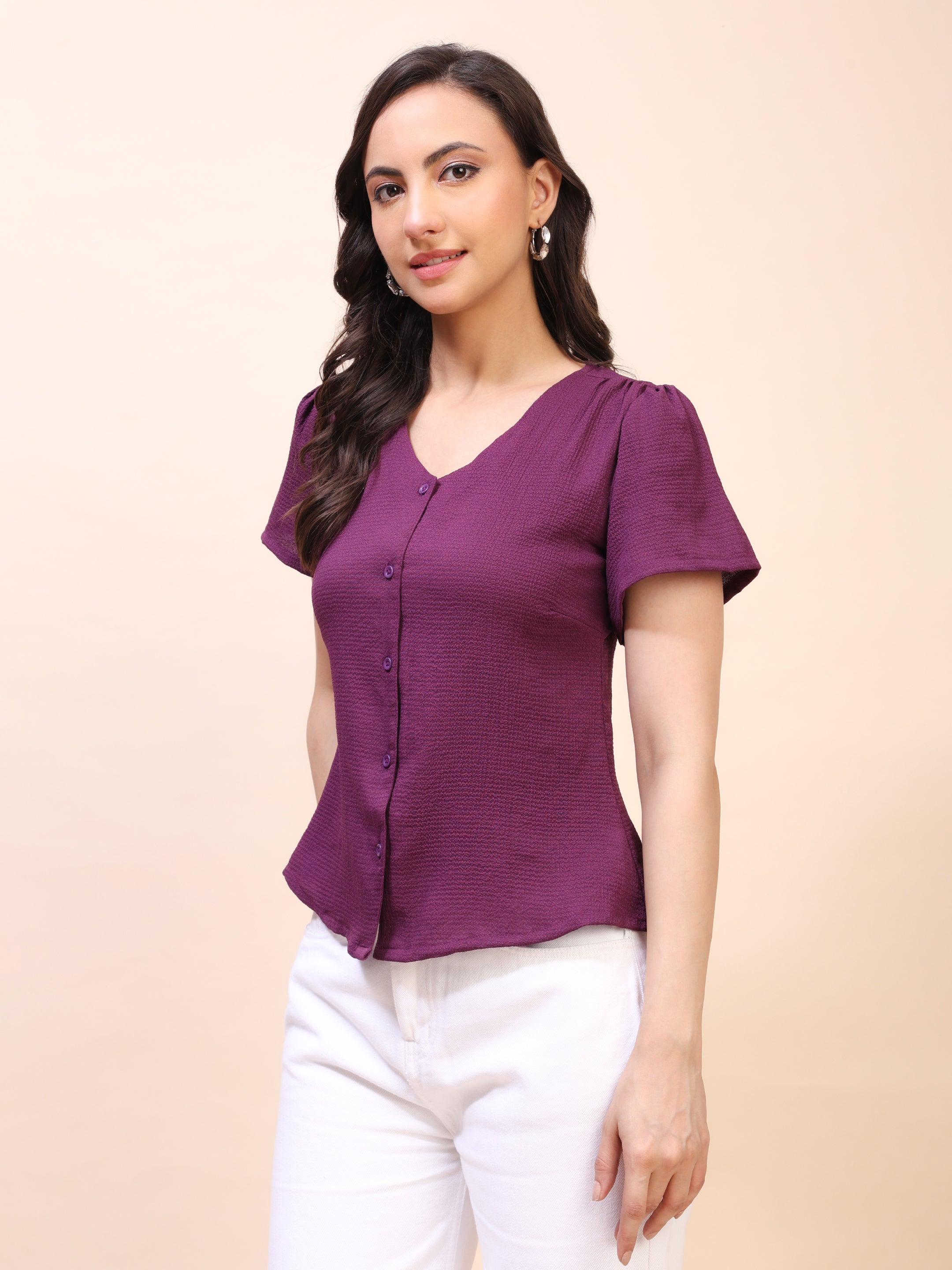 V-Neck Button-Down Puff Sleeve Top