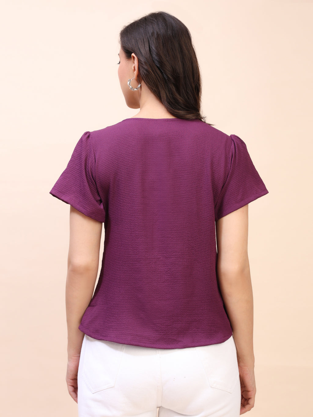 V-Neck Button-Down Puff Sleeve Top