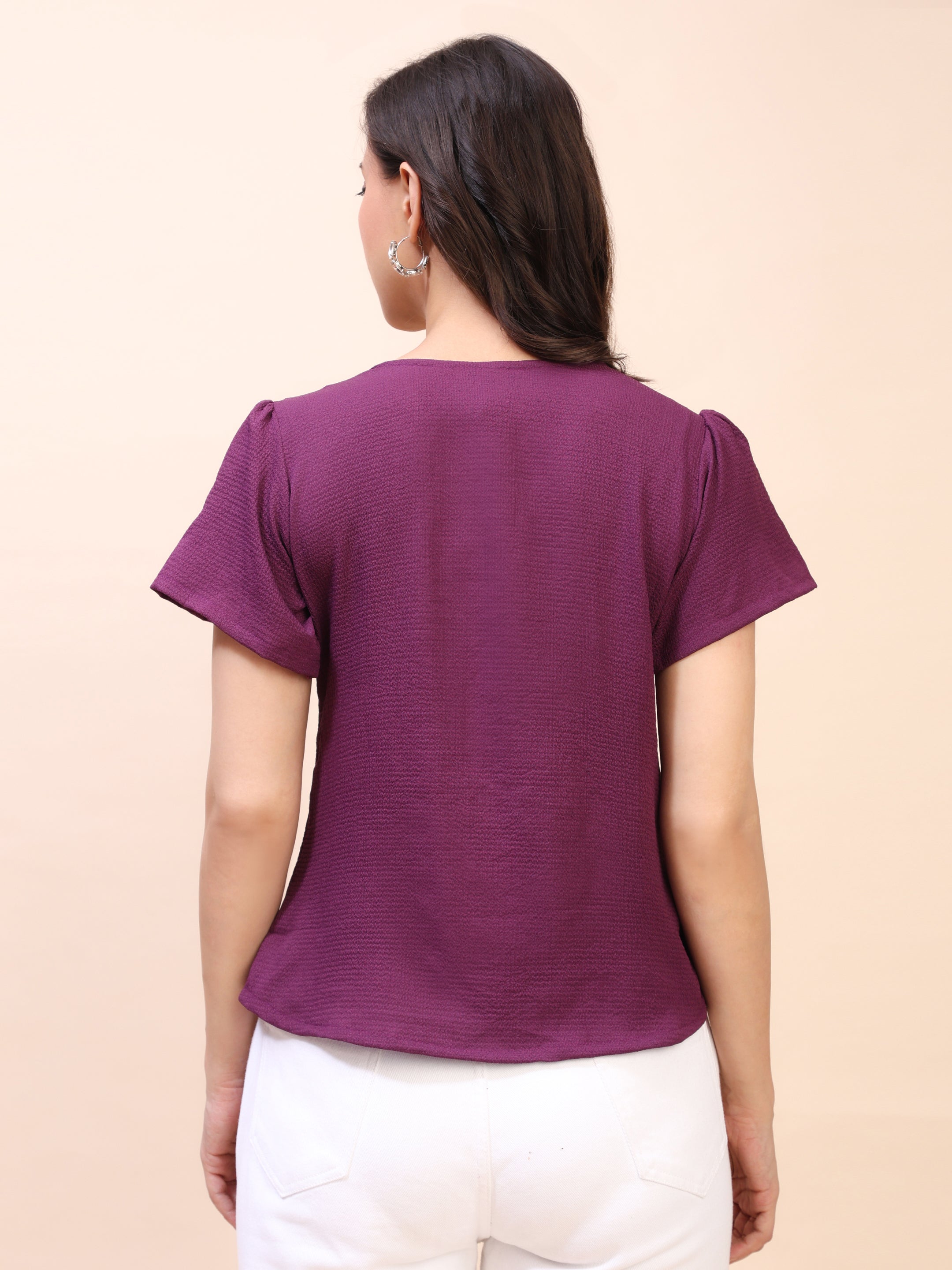 V-Neck Button-Down Puff Sleeve Top