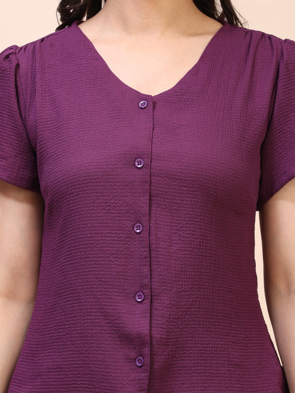 V-Neck Button-Down Puff Sleeve Top