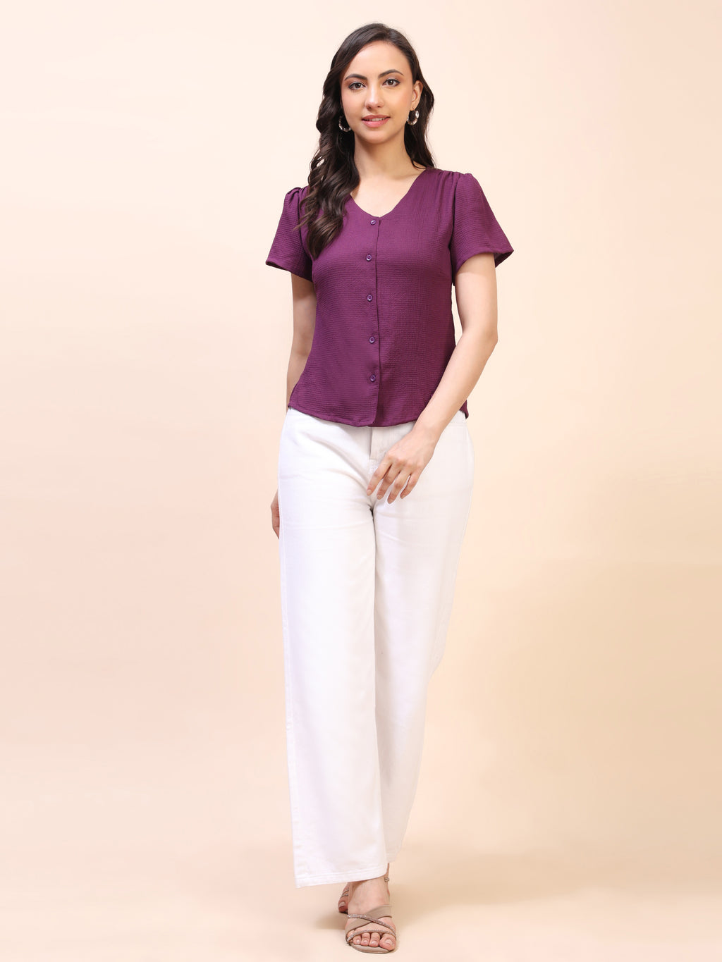 V-Neck Button-Down Puff Sleeve Top