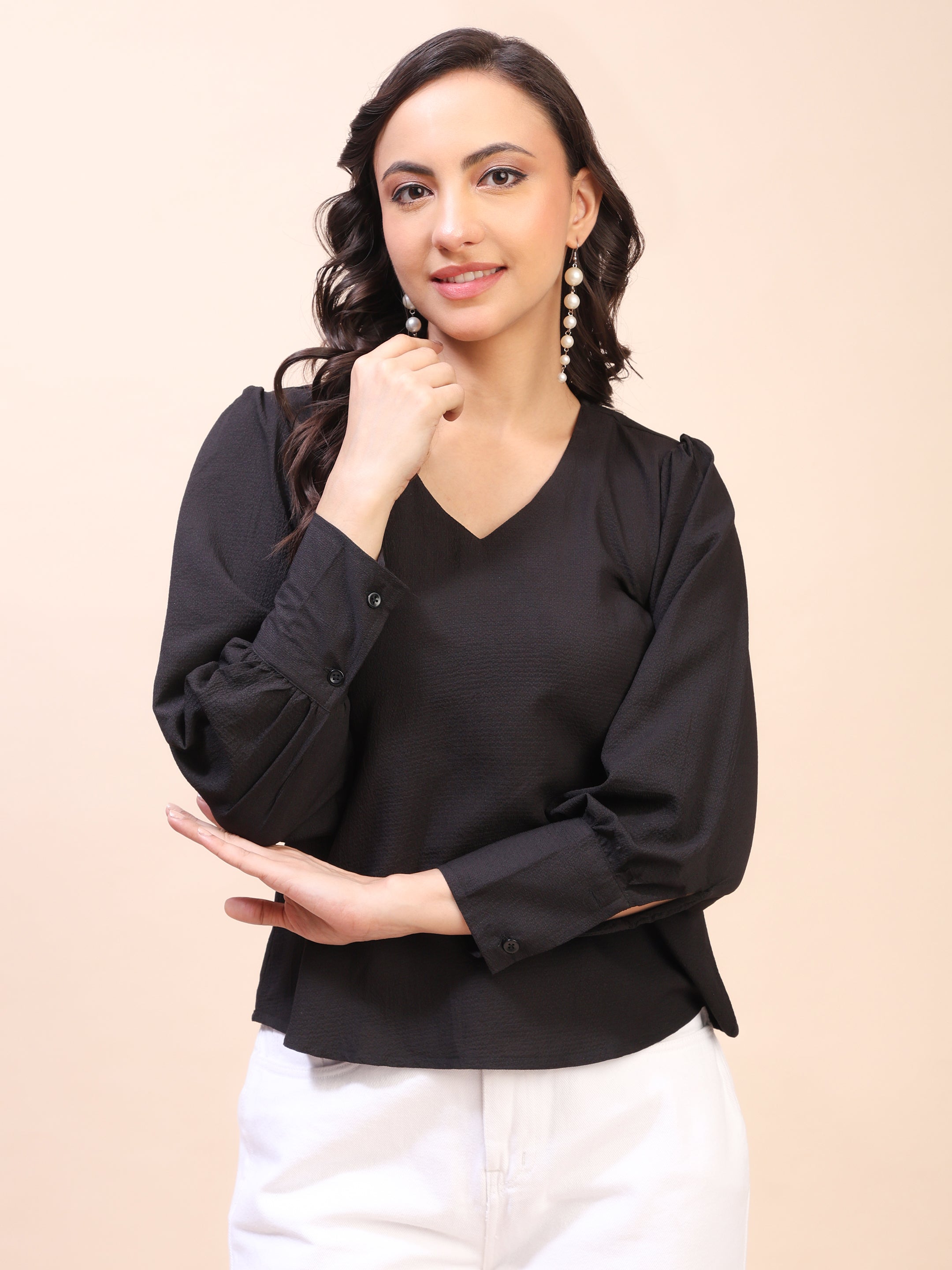 V-Neck Gathered Sleeve Detail Top