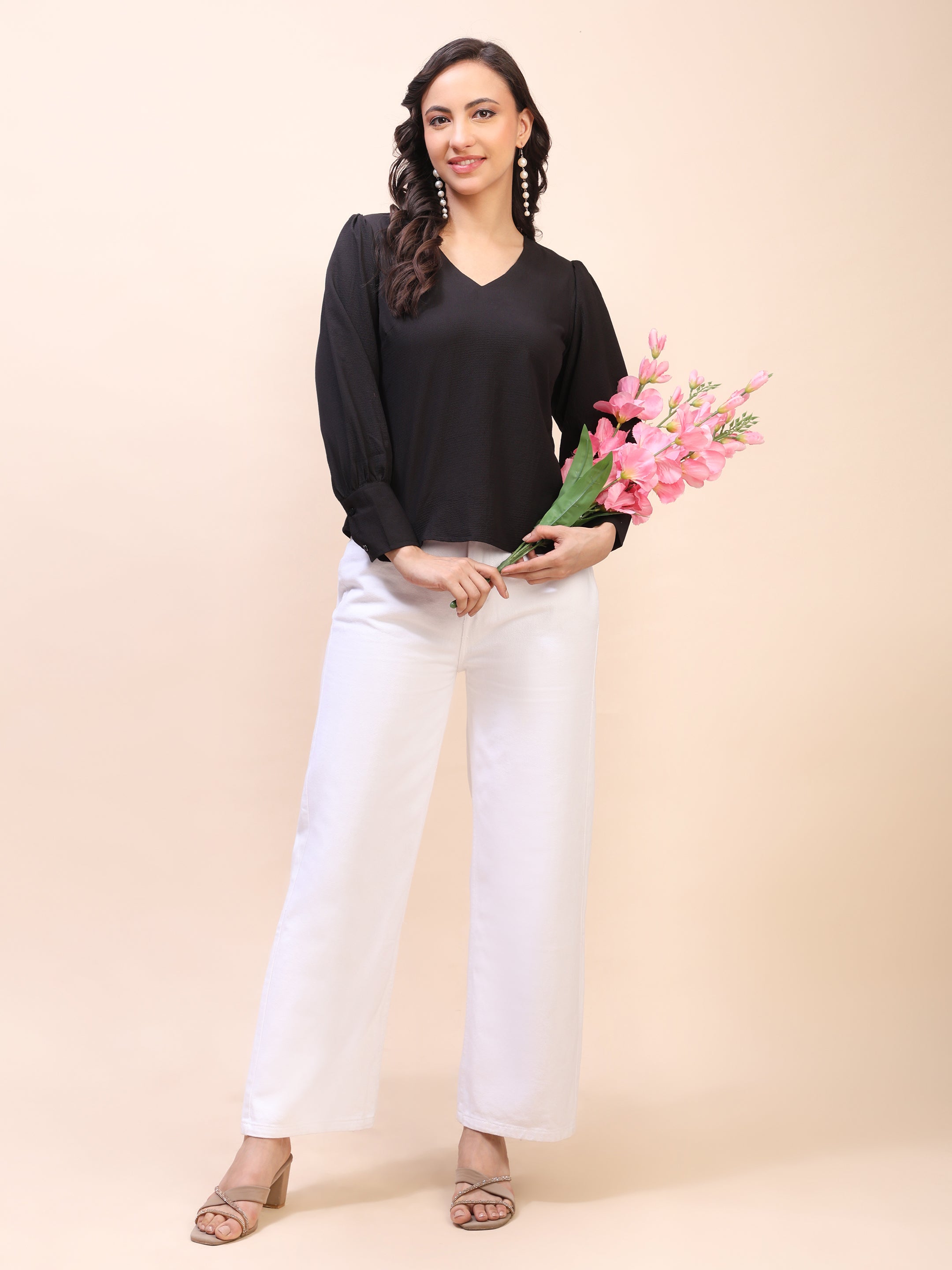 V-Neck Gathered Sleeve Detail Top
