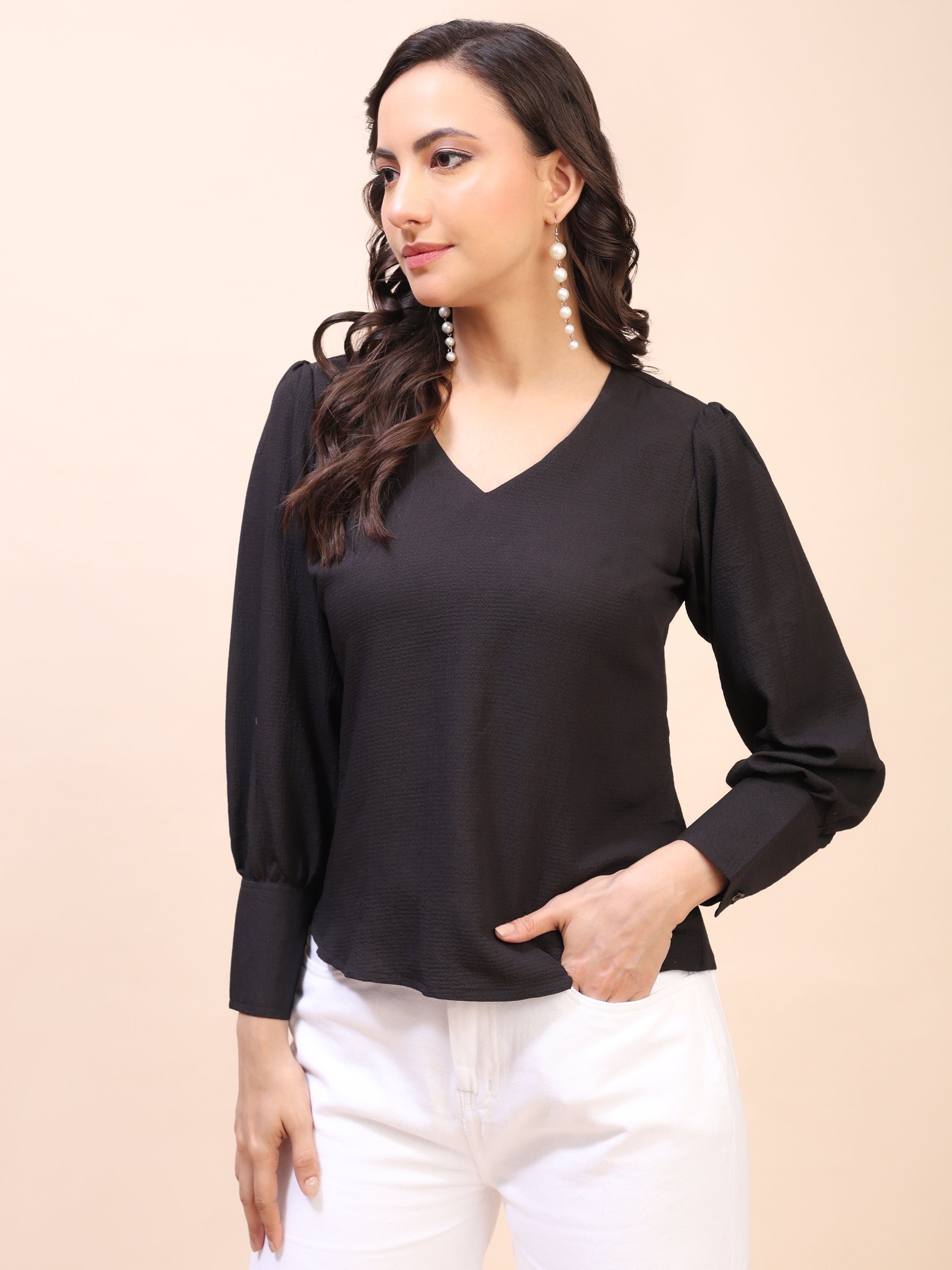 V-Neck Gathered Sleeve Detail Top