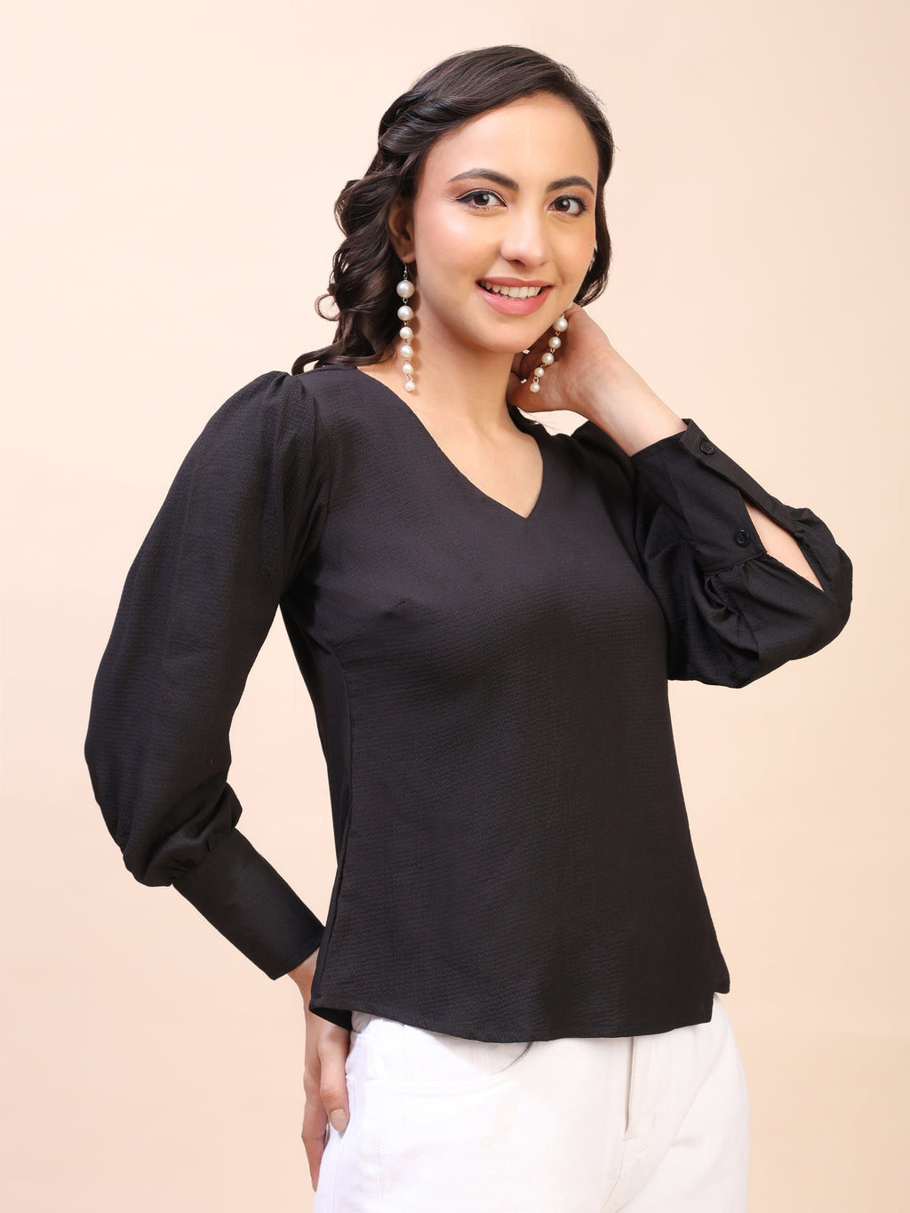 V-Neck Gathered Sleeve Detail Top