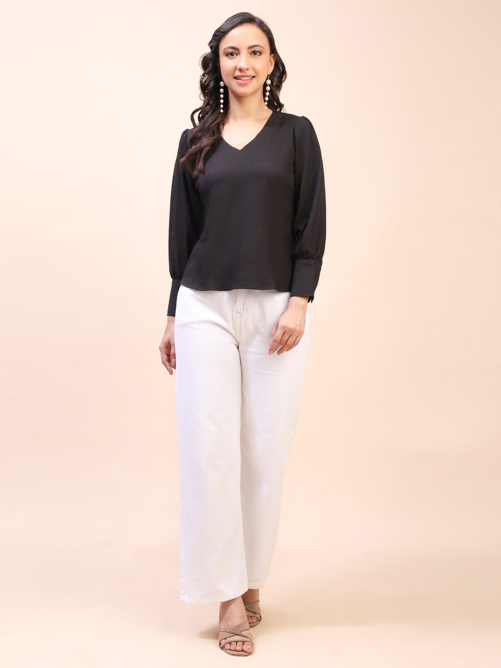V-Neck Gathered Sleeve Detail Top
