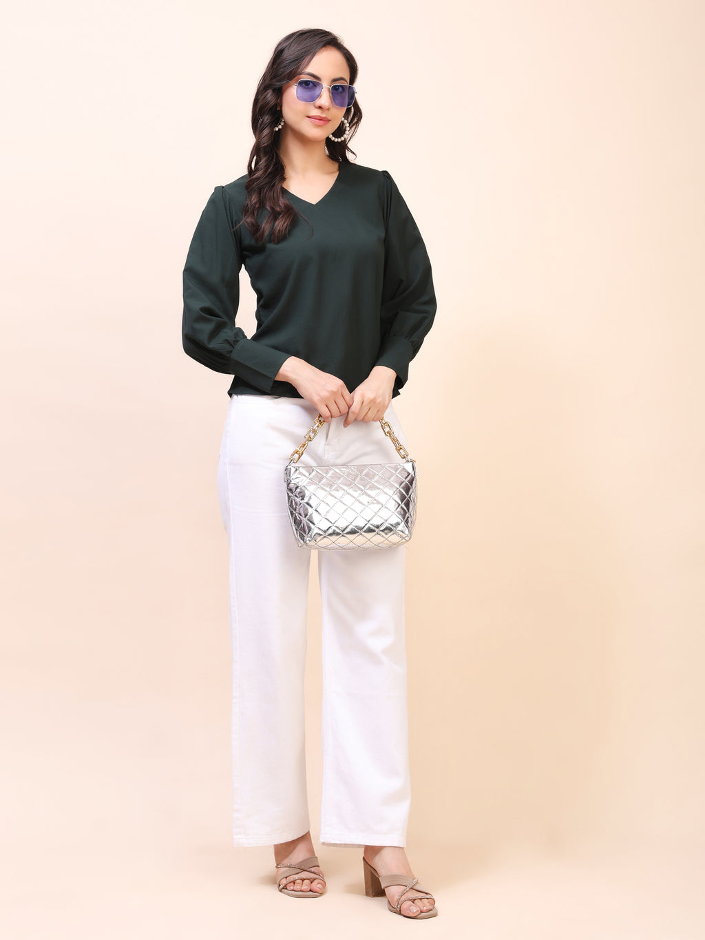V-Neck Gathered Sleeve Detail Top