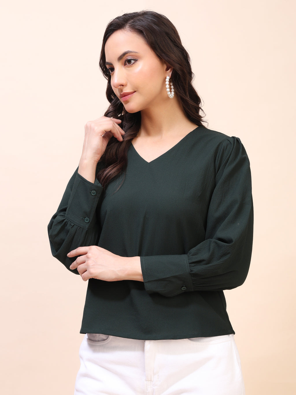 V-Neck Gathered Sleeve Detail Top