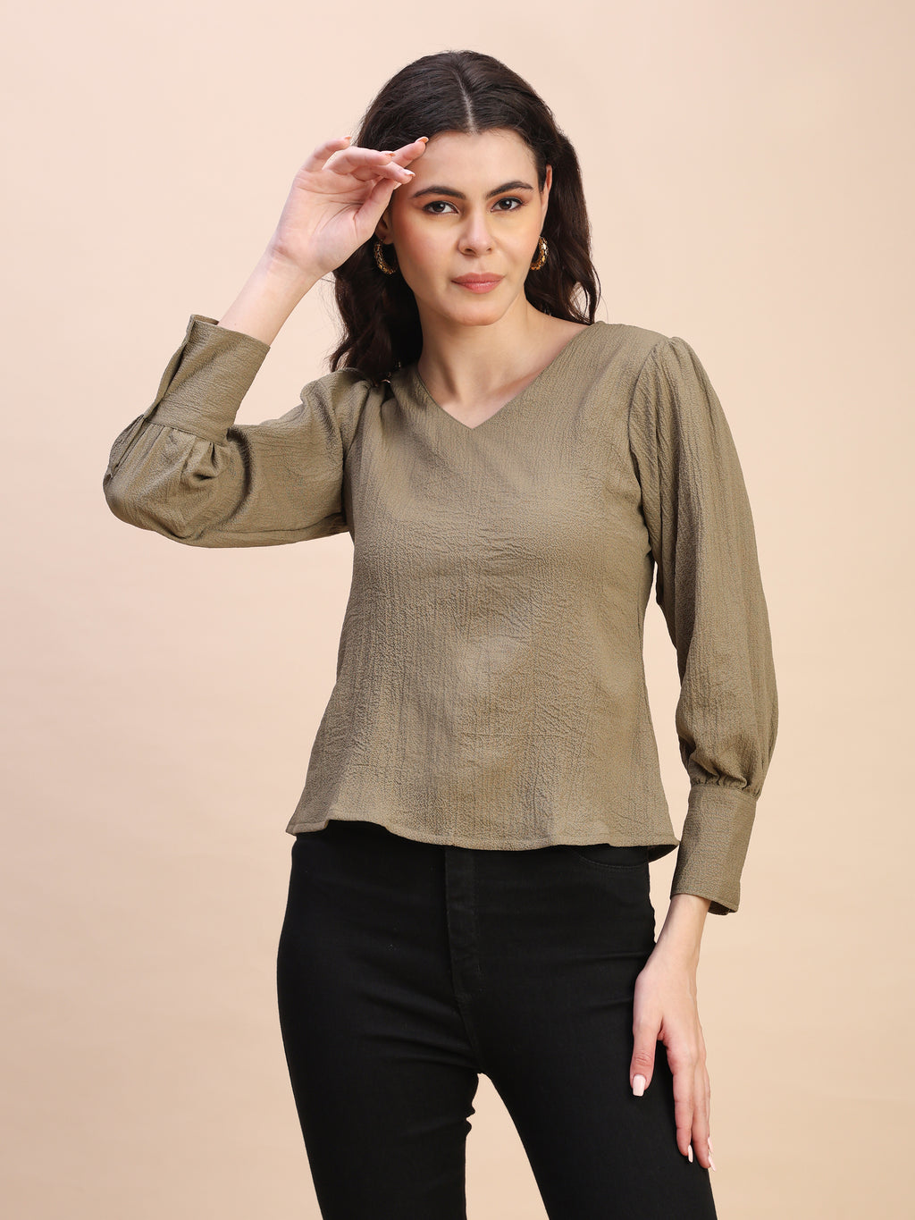 V-Neck Gathered Sleeve Detail Top