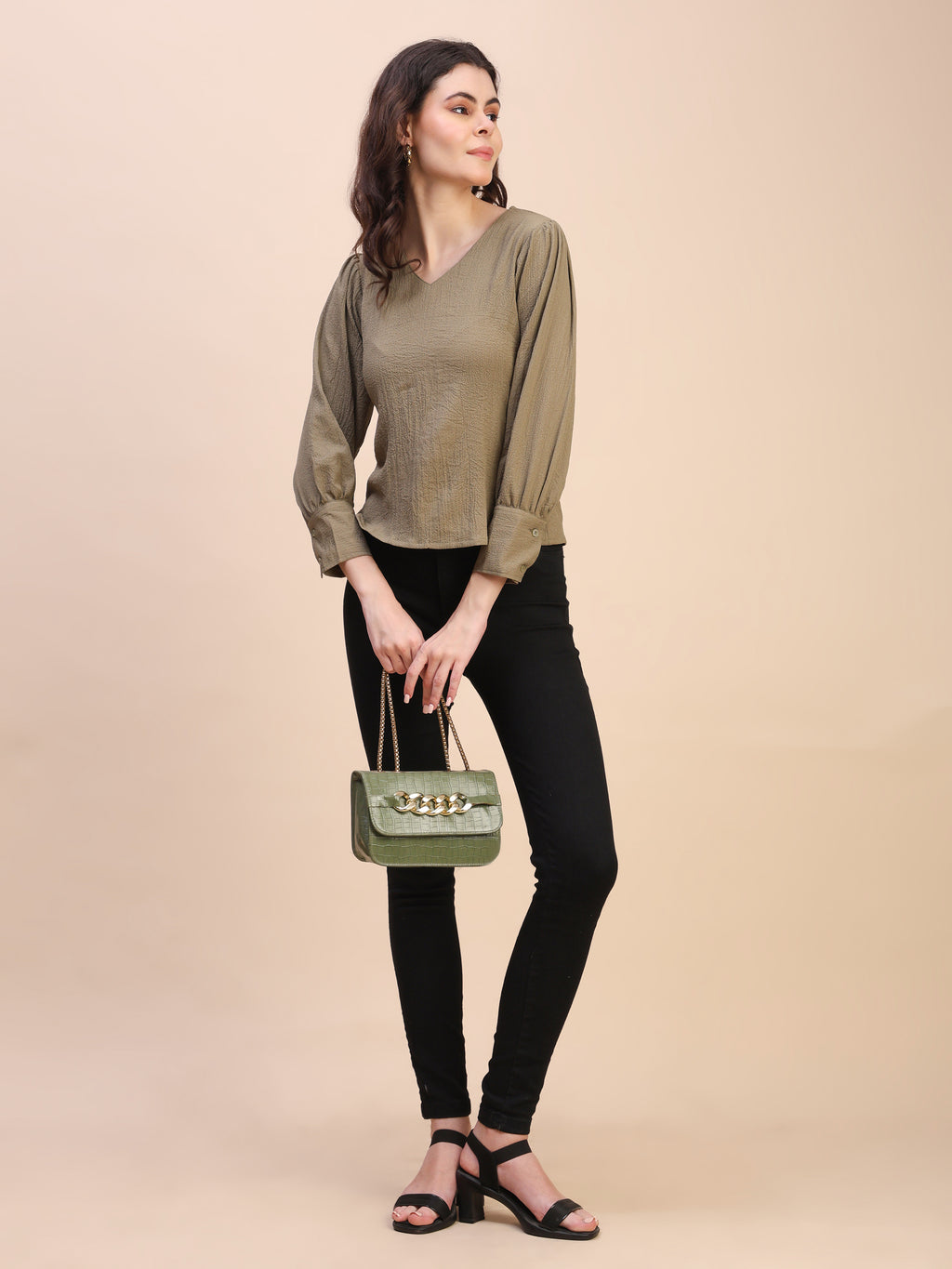 V-Neck Gathered Sleeve Detail Top