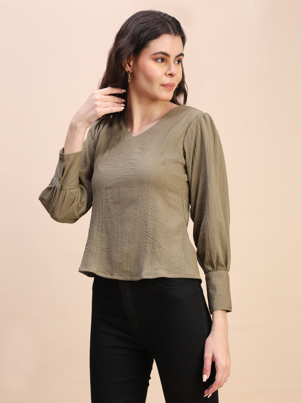 V-Neck Gathered Sleeve Detail Top