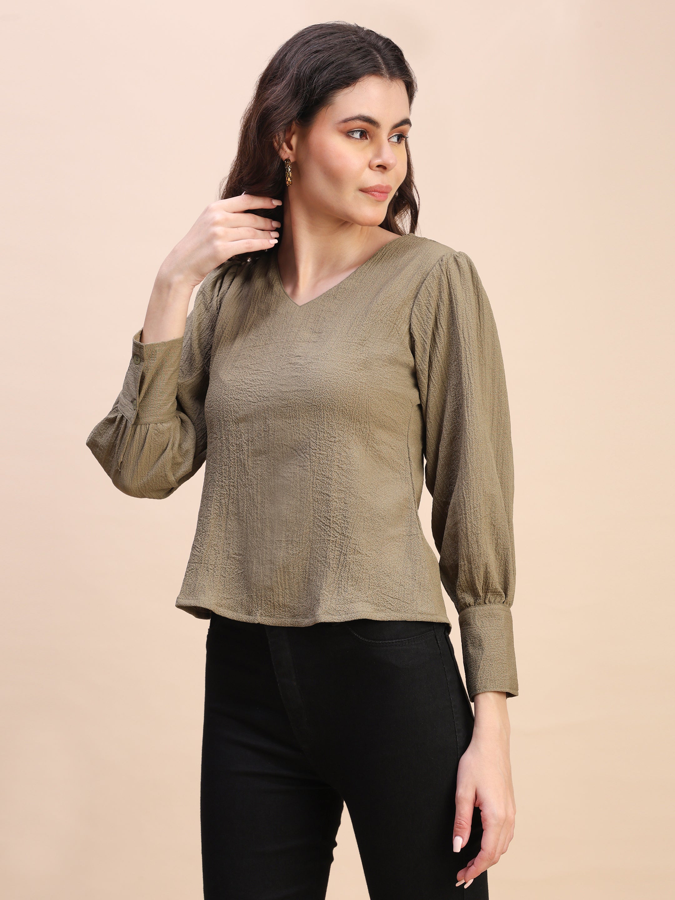 V-Neck Gathered Sleeve Detail Top