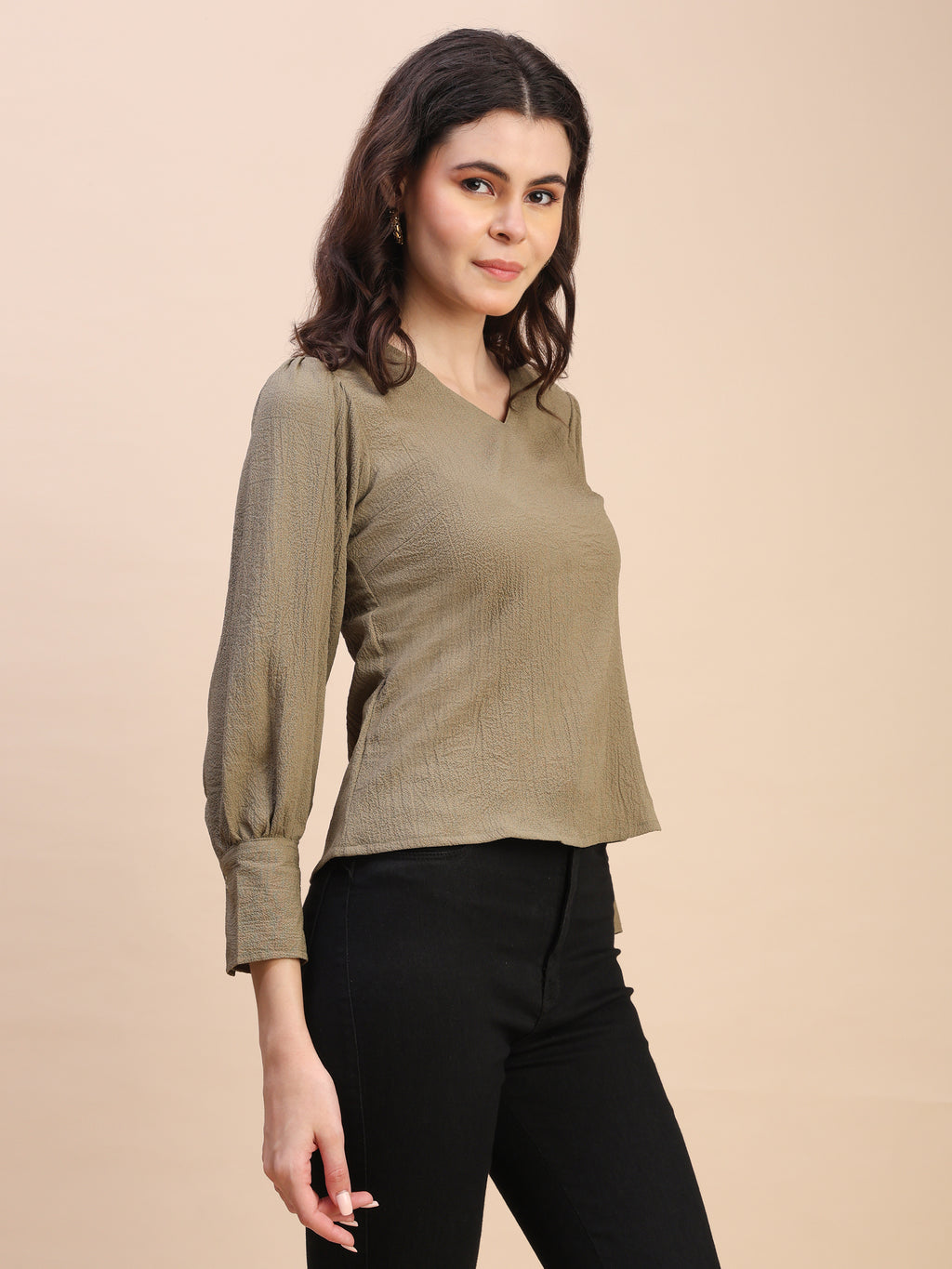 V-Neck Gathered Sleeve Detail Top