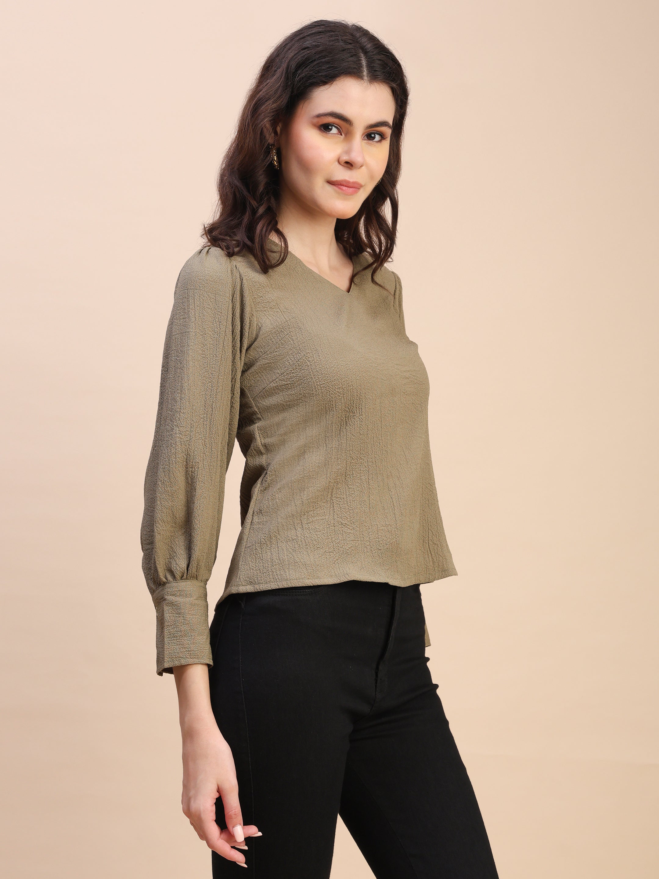 V-Neck Gathered Sleeve Detail Top