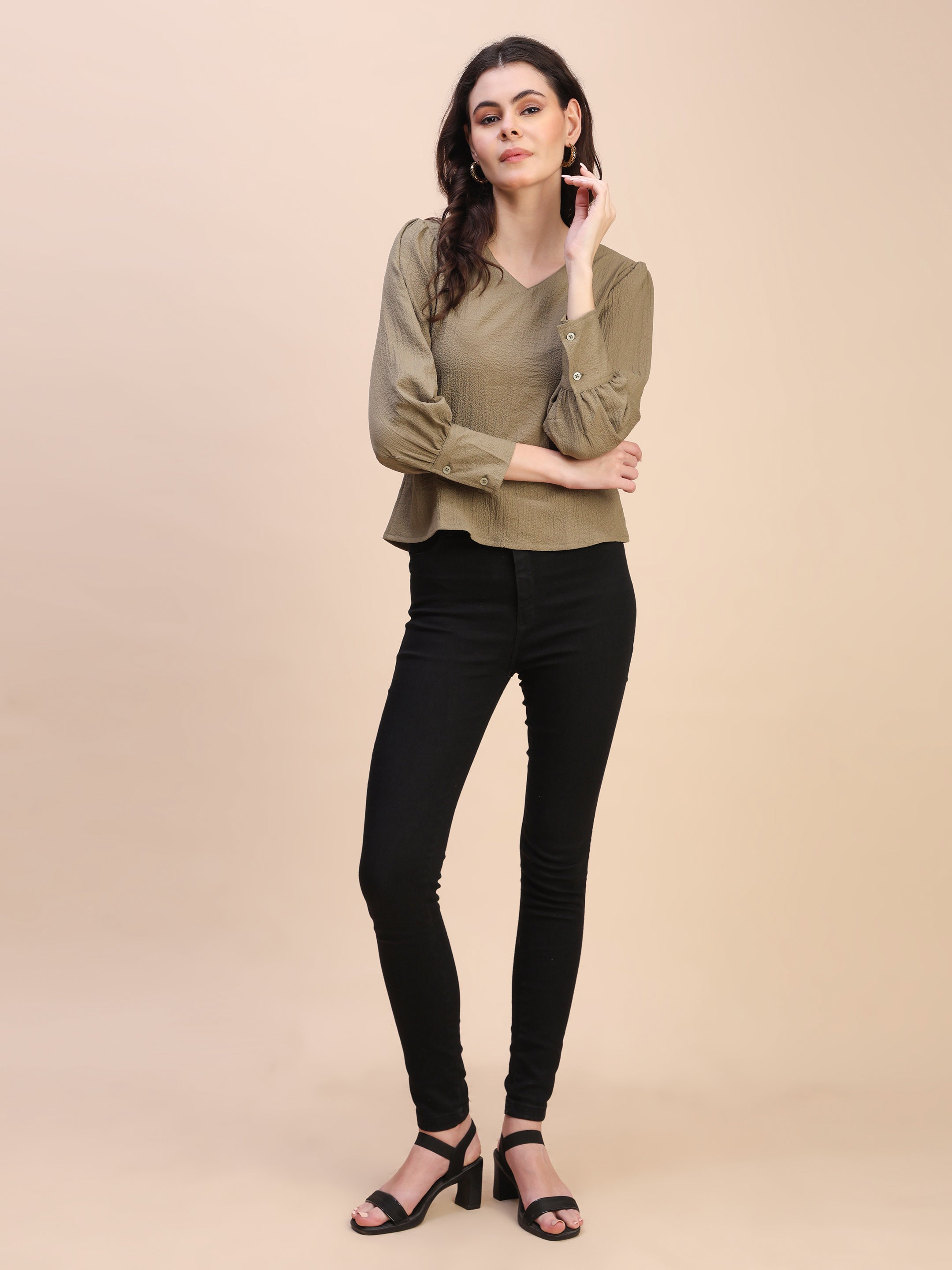 V-Neck Gathered Sleeve Detail Top