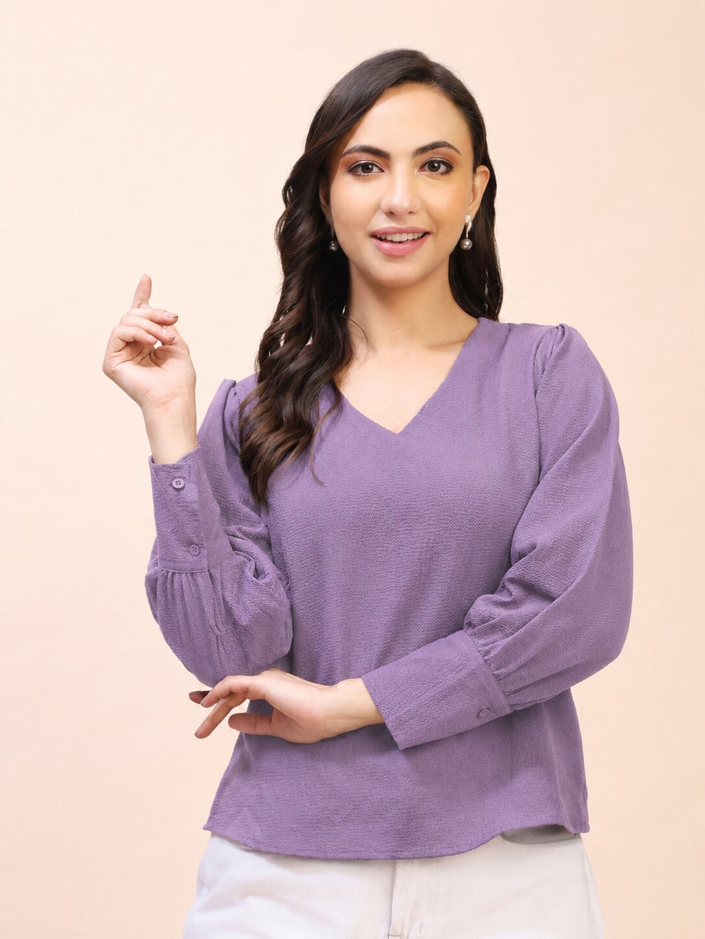 V-Neck Gathered Sleeve Detail Top