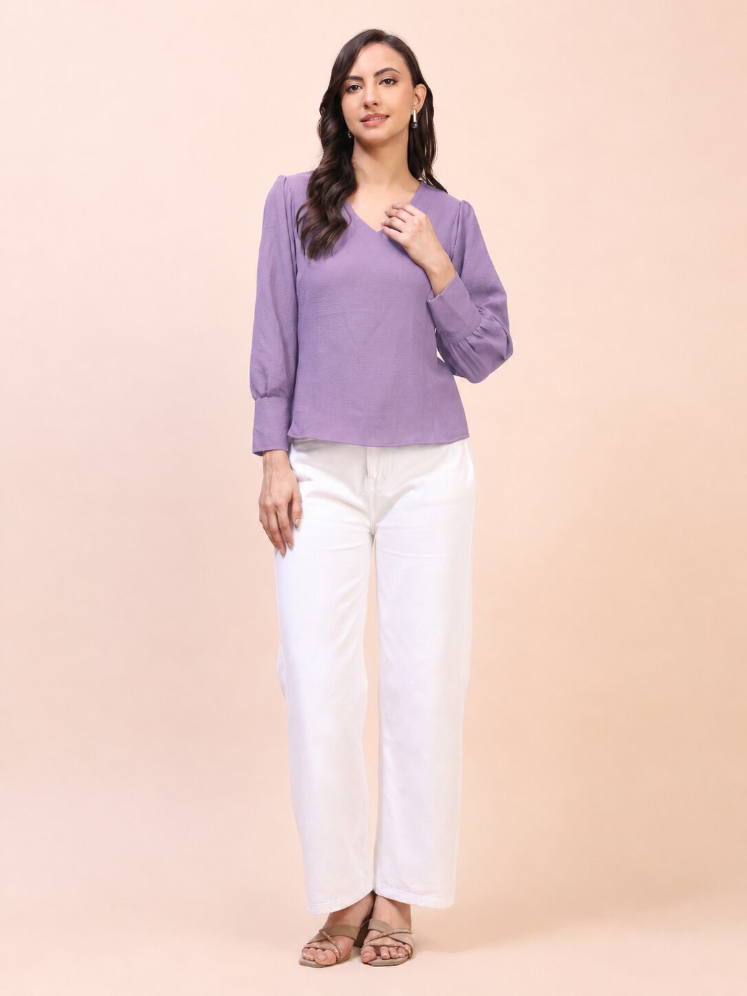 V-Neck Gathered Sleeve Detail Top