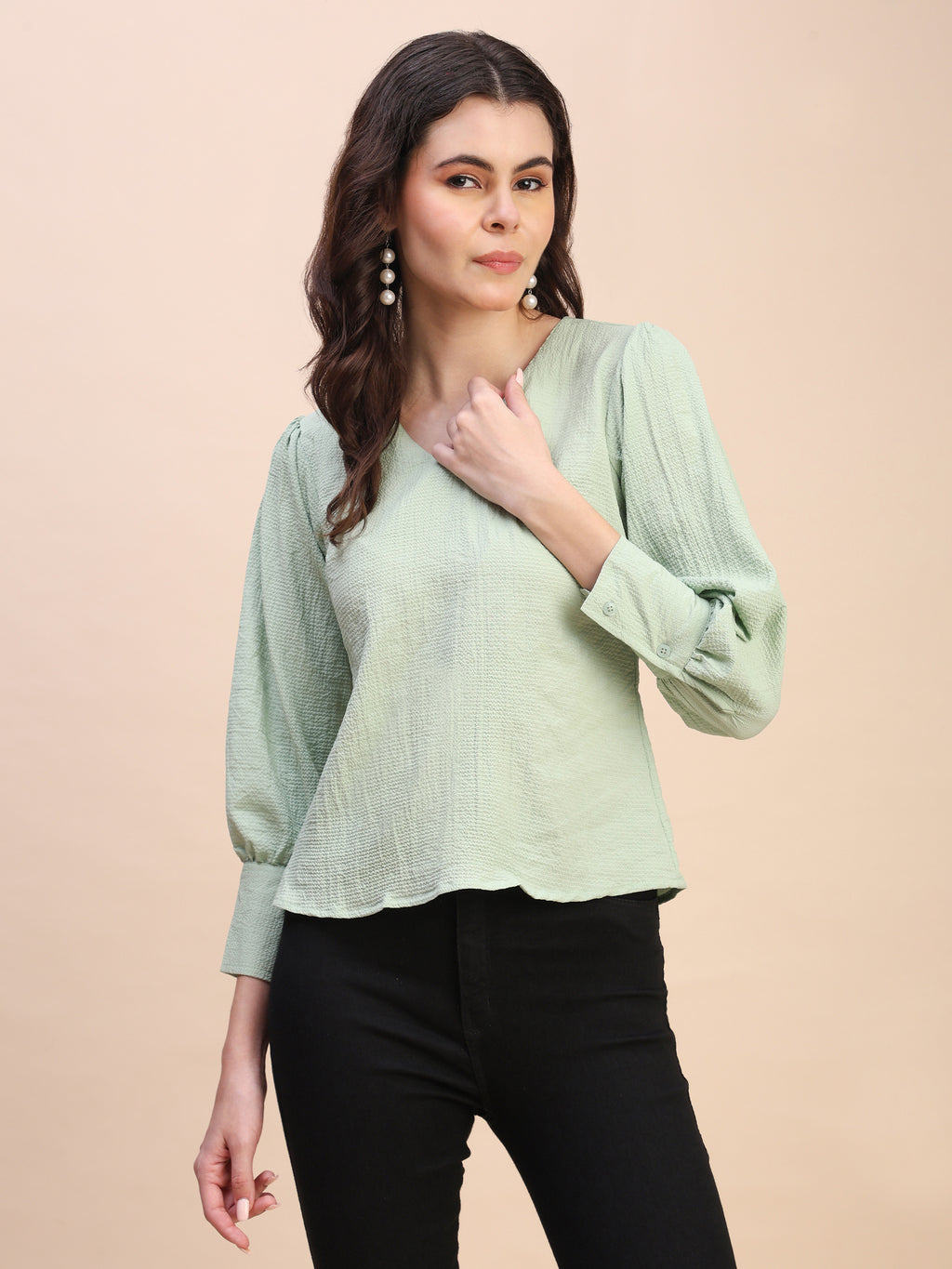 V-Neck Gathered Sleeve Detail Top
