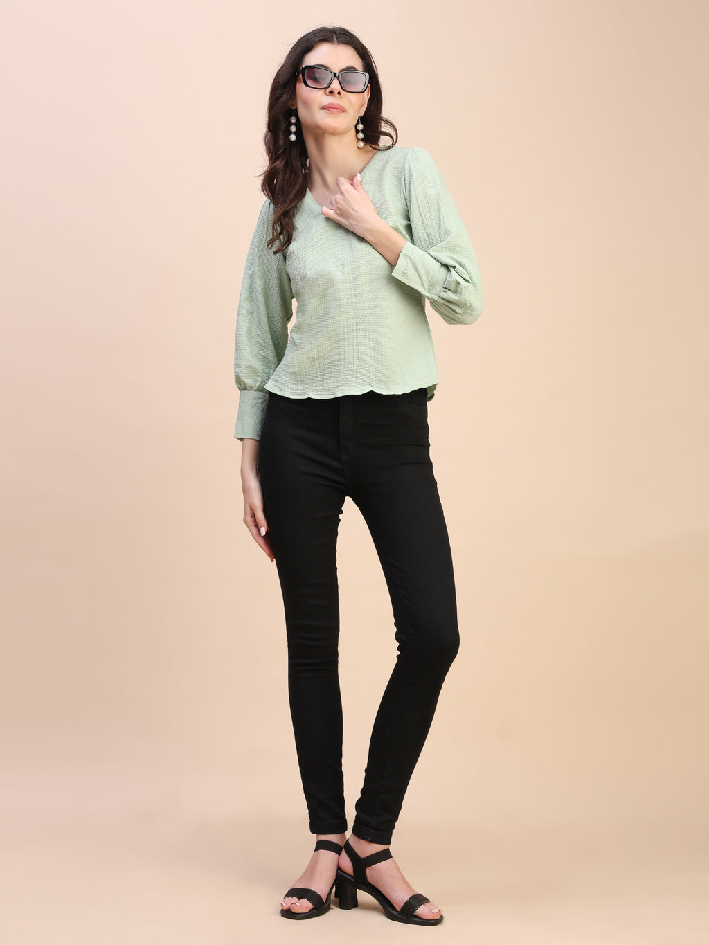 V-Neck Gathered Sleeve Detail Top