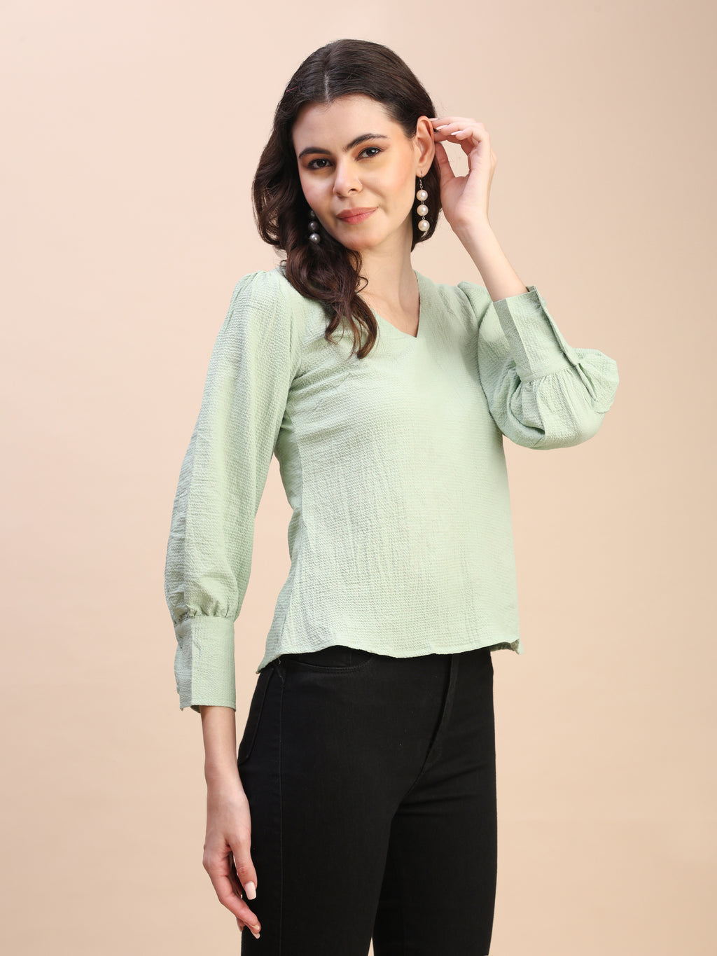V-Neck Gathered Sleeve Detail Top