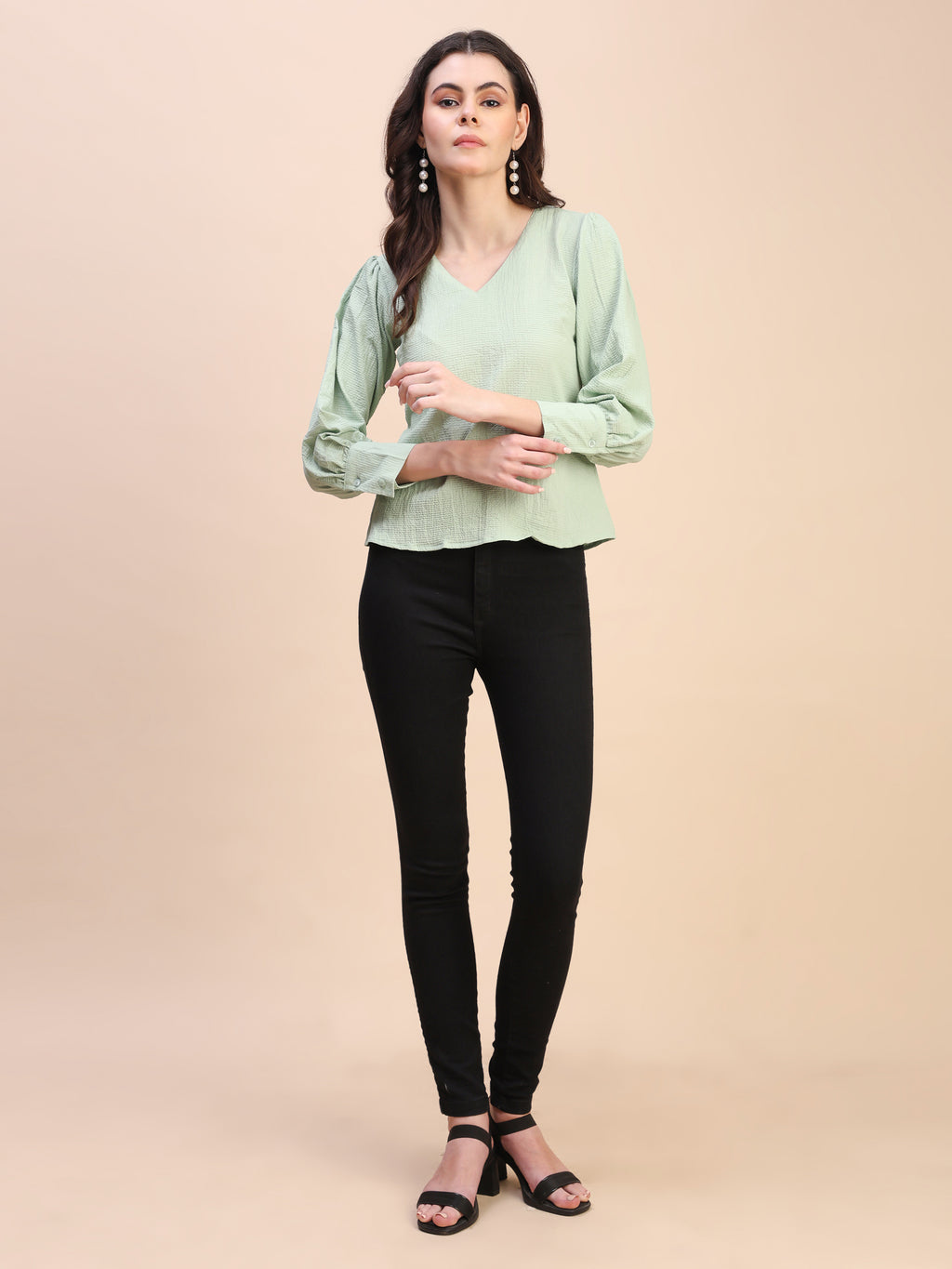 V-Neck Gathered Sleeve Detail Top