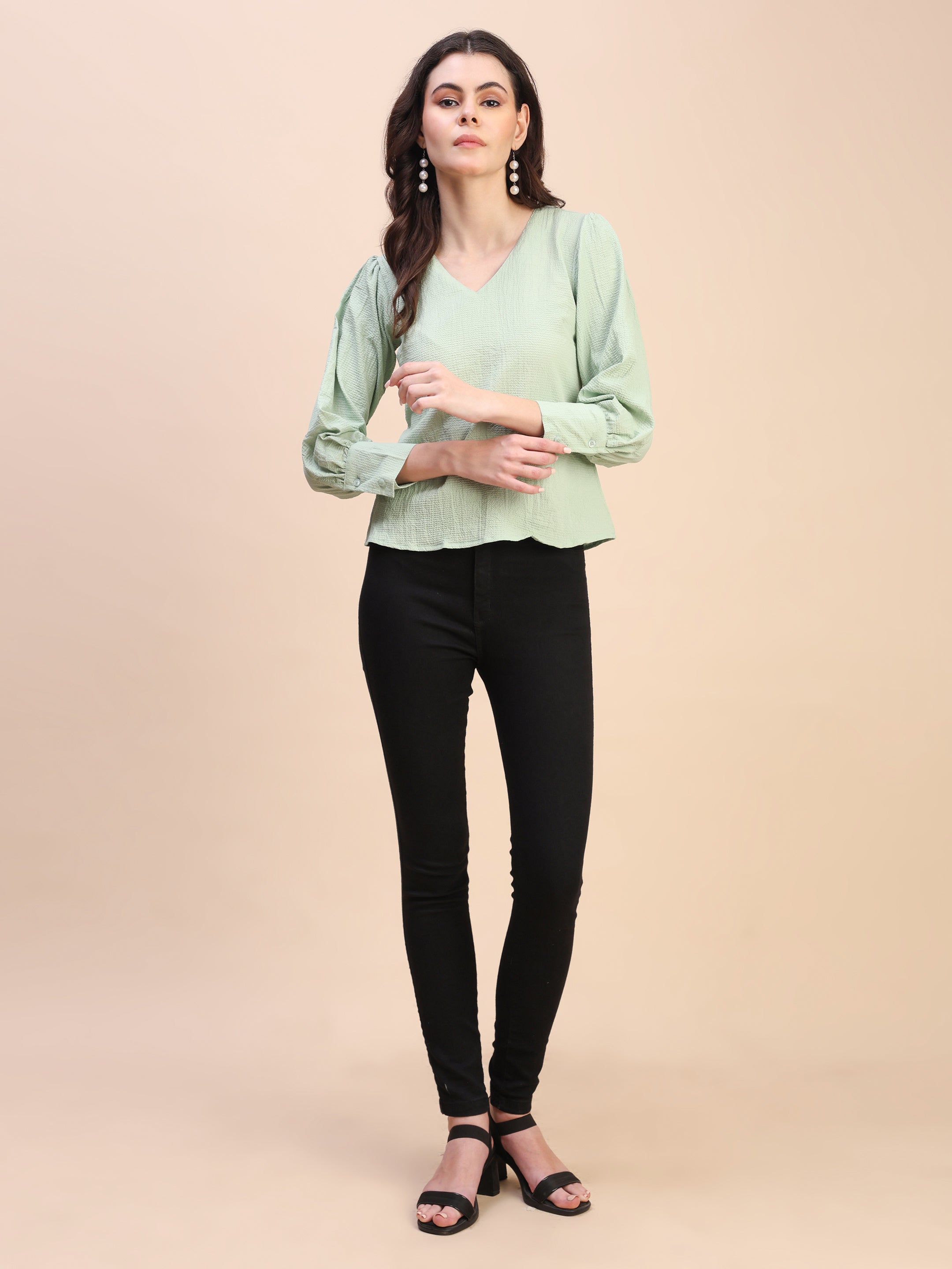 V-Neck Gathered Sleeve Detail Top