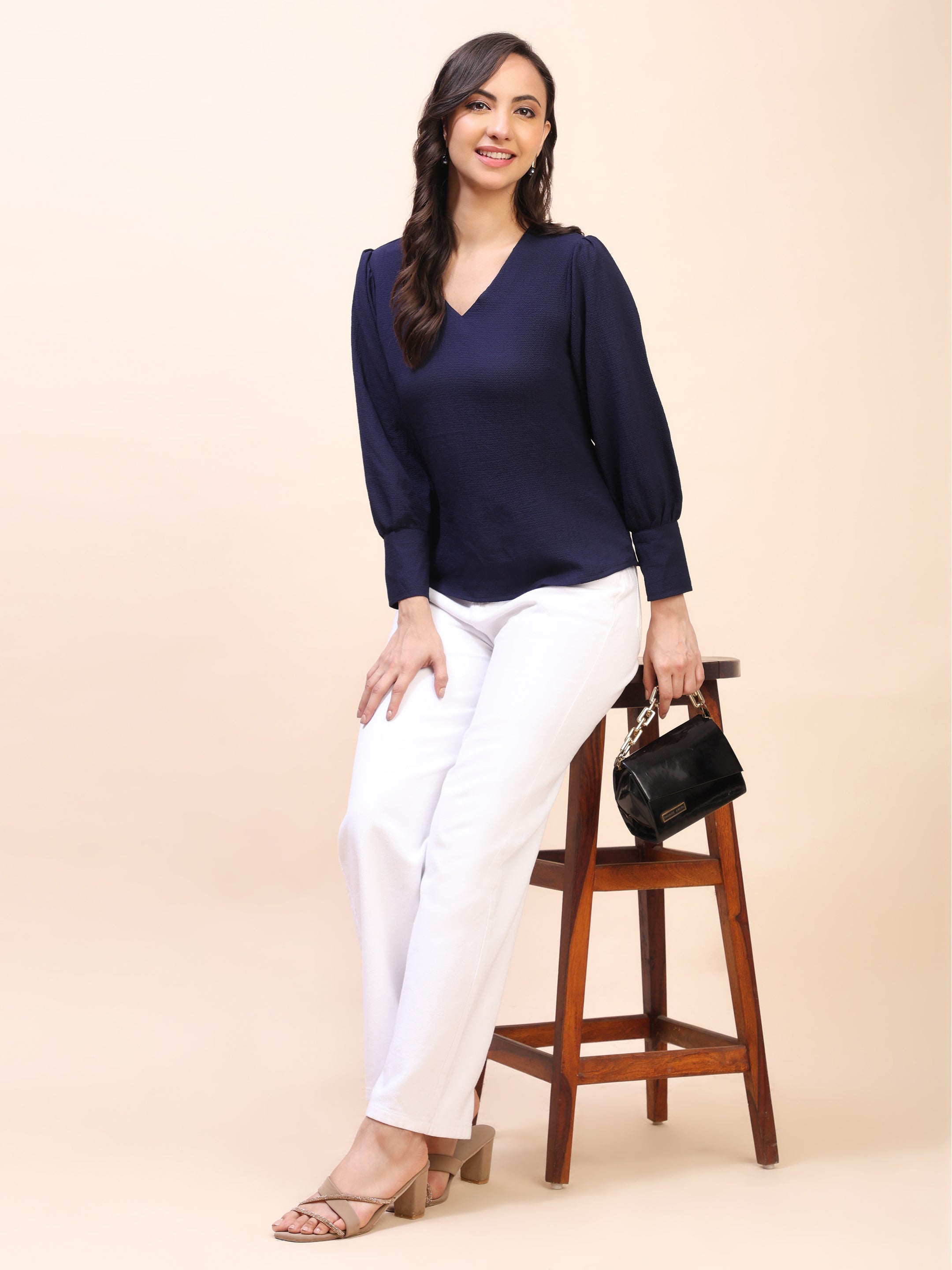 V-Neck Gathered Sleeve Detail Top